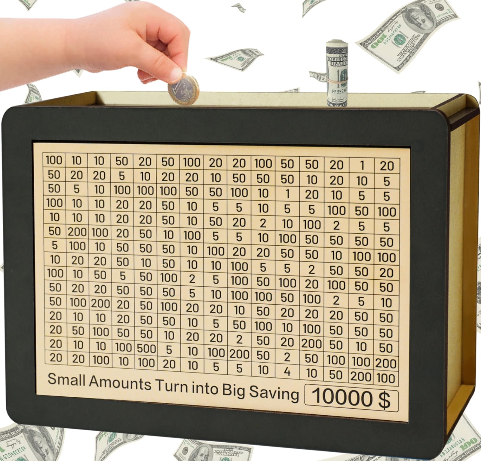 Money Saving Box 10000 Savings Challenge Box, Piggy Bank, Reusable Kids' Money Banks with Dry Erase Pen (Blackwood)