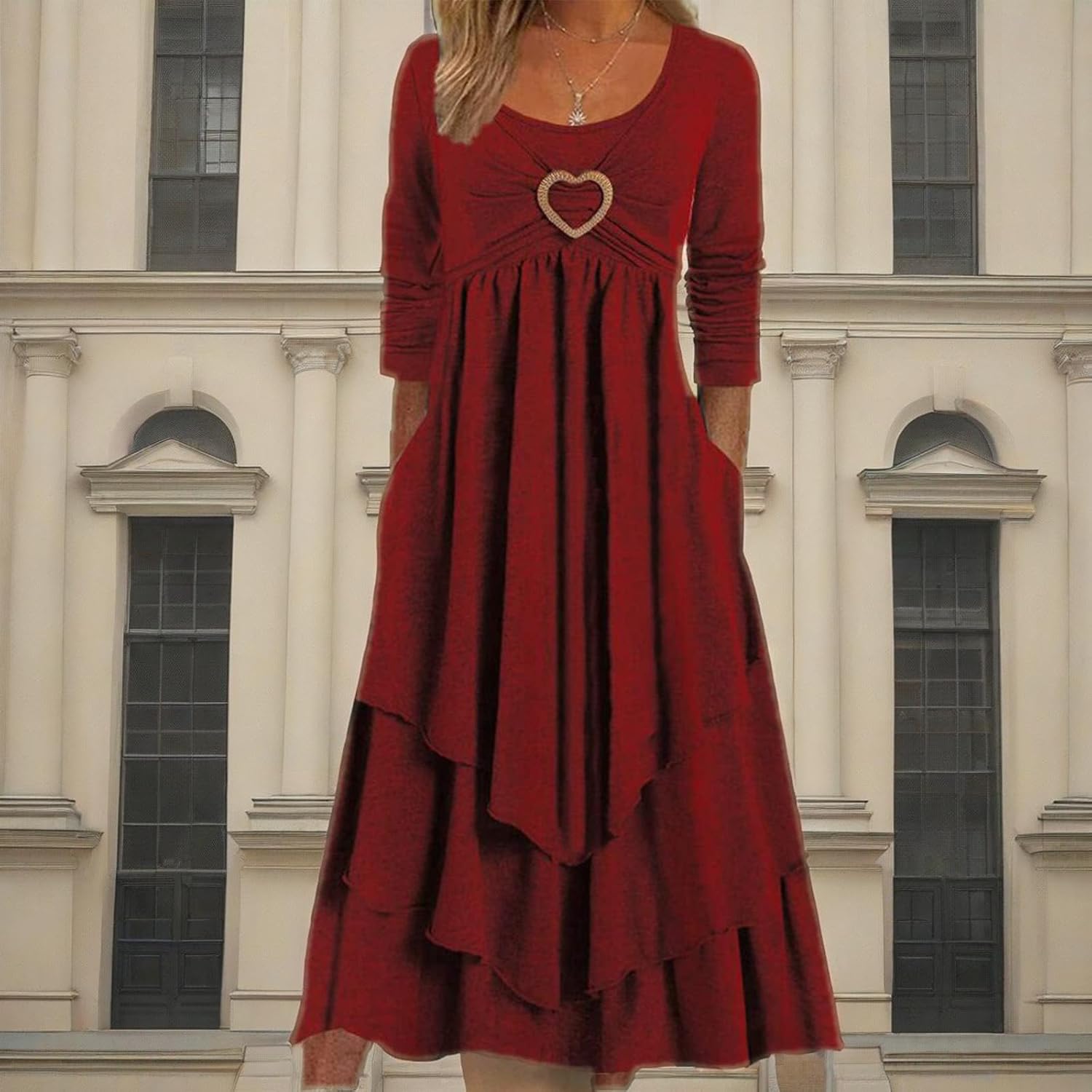Winter Dresses for Women Wedding Guests Casual Cute Heart Long Sleeve Tiered Maxi Dress with Pockets Plus Size - Image 2