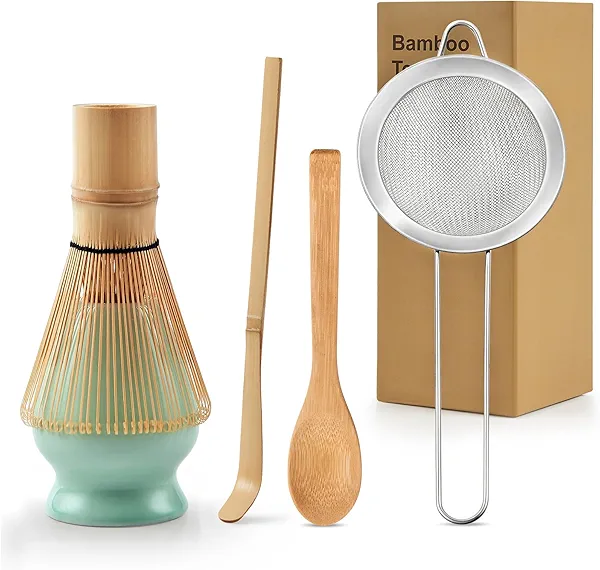 5Pcs Matcha Whisk Set, 100% Natural Bamboo Matcha Whisks Kit, Japanese Matcha Ceremony Accessory, Whisk, Whisk Holder (Green), Sifter, Tea Scoop, Tea Spoon, Gift for Matcha Lovers Beginner