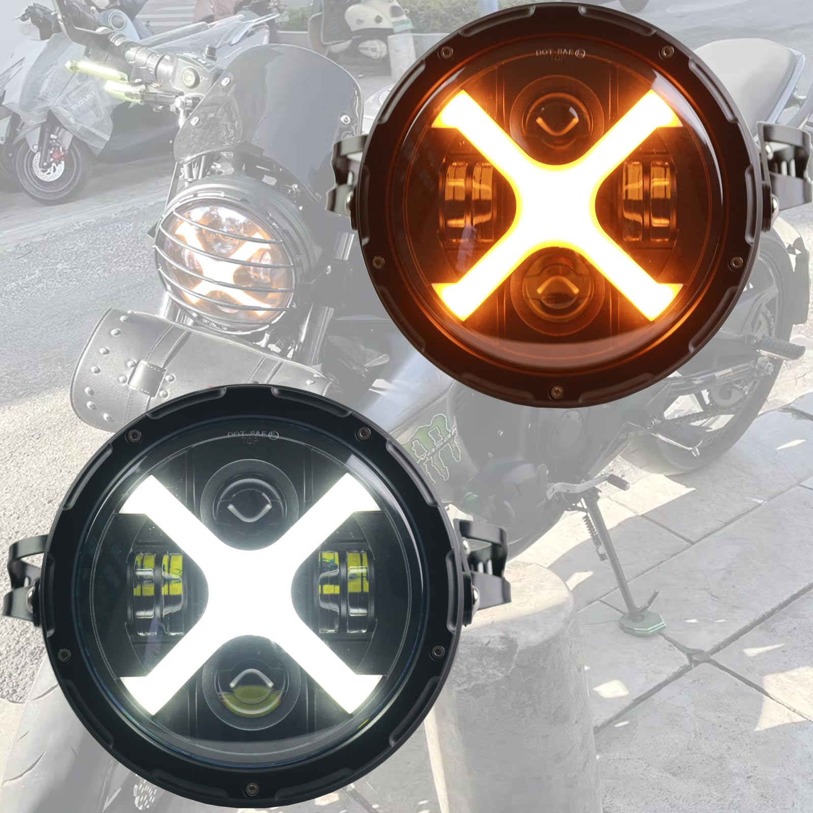 SINLIRU 7inch Black LED Motorcycle Headlight X White/Amber DRL with Aluminum Alloy Black Housing Bucket 32-40mm Fork Tube Side Mount Brackets Compatible with Motorbikes