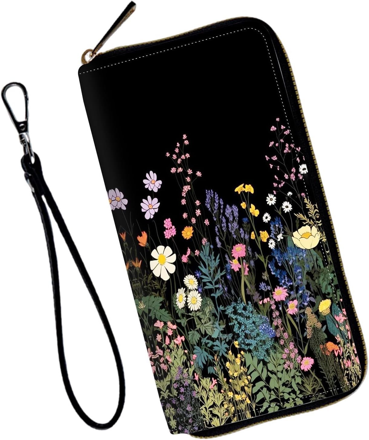 Wristlet Wallet for Women Teen Girls RFID Blocking Credit Card Holder with Removable Wristlet, Leather Phone Wallet Clutch Large Capacity Ladies Travel Purse-Midnight Flowers