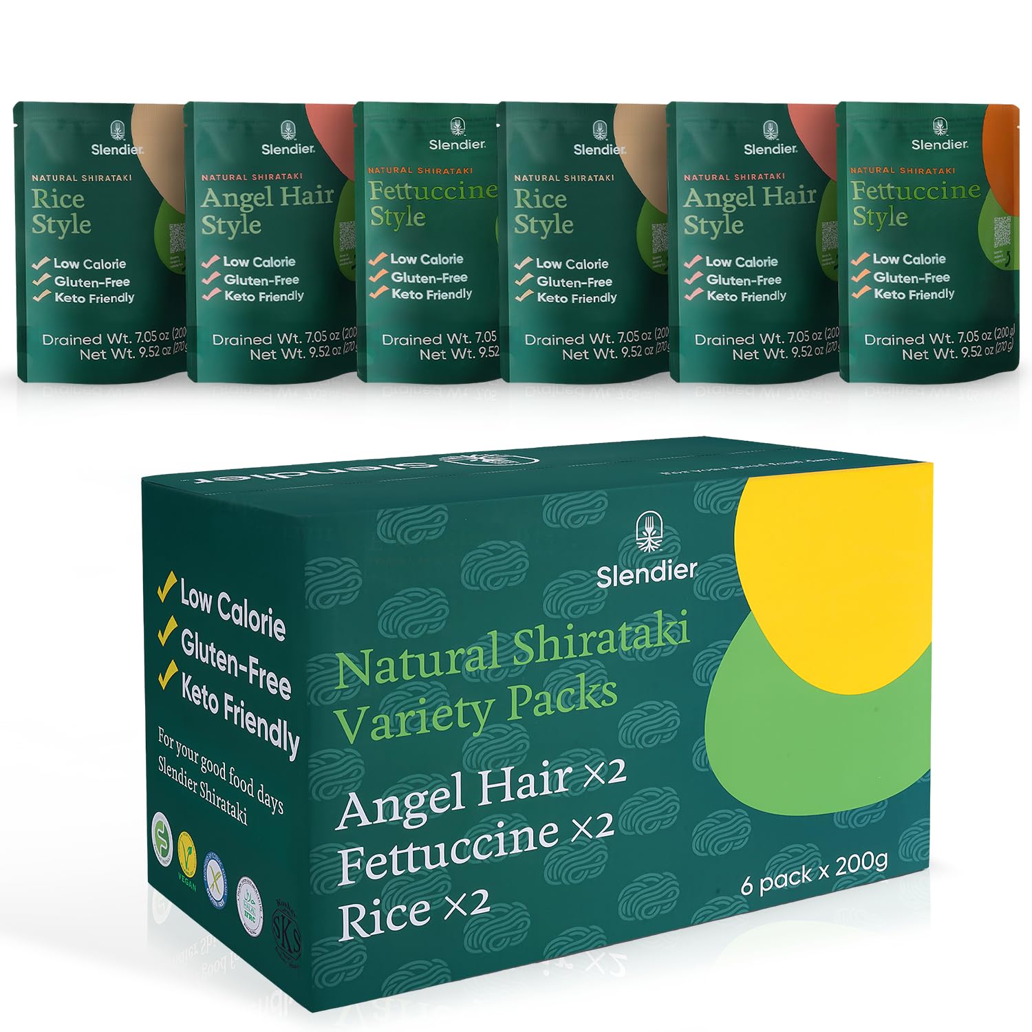 Slendier - Shirataki Variety Pack of 6 | Low Carb Pasta | Fettuccine Noodles | Shirataki Rice | No Artificial Flavors |10 Calories Per Serve | 6 Packs (Angel Hair, Fettuccine, Rice)