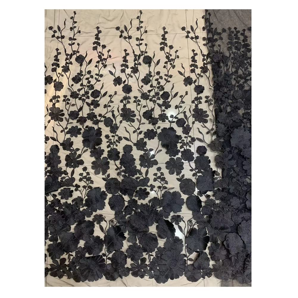 1 yarda 3D flores bordadas de encaje 125 cm de ancho de tul tela de encaje de tela bordado de malla para coser vestido nupcial vestido de novia boda fiesta decoración del hogar negro
