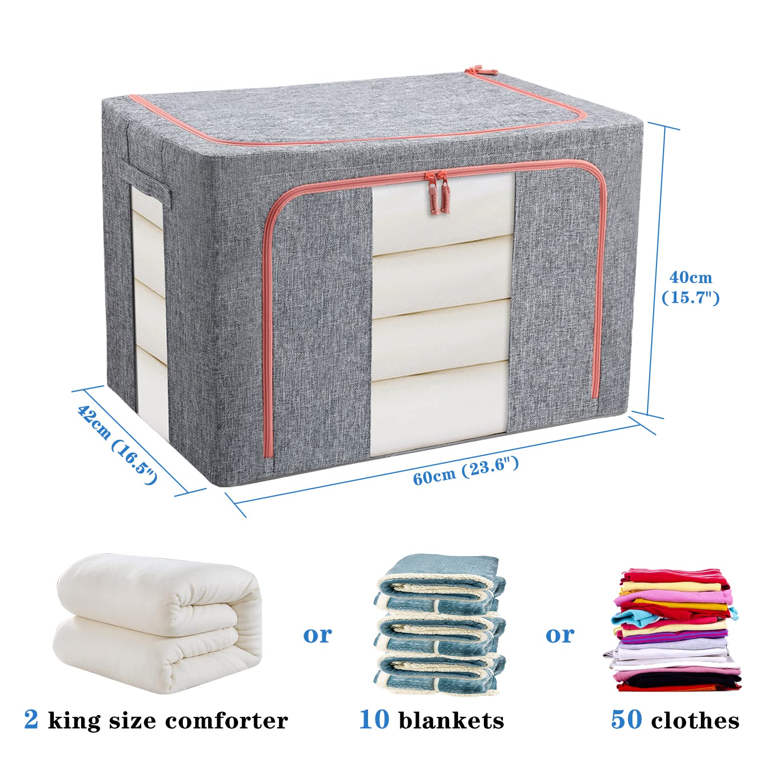 Scatole Per Vestiti, Scatole Armadio con Supporto in Acciaio, con Finestre Trasparenti e Maniglie Rinforzate, per Trapunte,Coperte,Biancheria da Letto,Grigio,2 Per Confezione (100L)