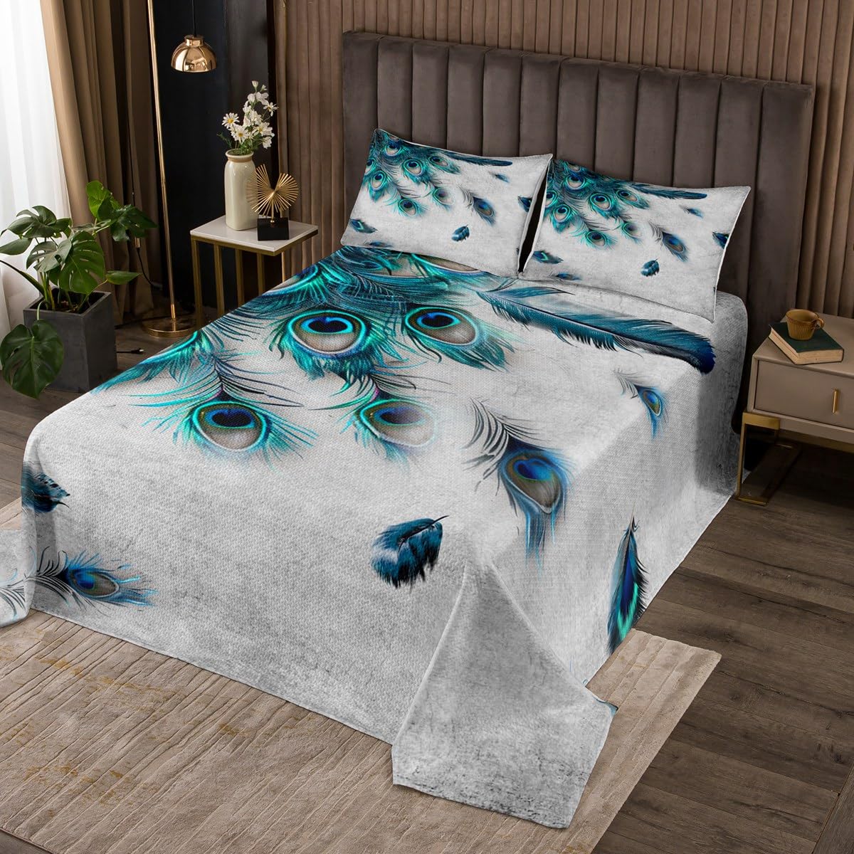 Castle Fairy Watercolor Peacock Coverlet Set Queen Size,Blue Green Feather Print Bedspread with 2 Pillowcases,3 Piece,Wildlife Bird Animal Decorative Polyester Quilted for Boys Teens Room Gift,Soft