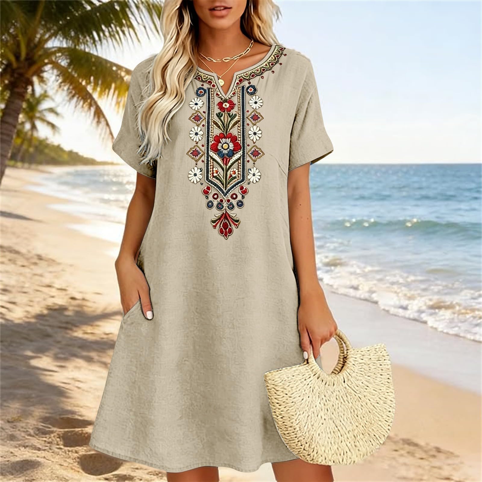 Damen Kleider Sommer Midi Luftige Sommerkleider Leichte Knielang Strand Kleid Lässige Midikleid Boho Locker Strandkleid Ärmelloses Rundhals Hauskleid Elegant Lange Kleider Böhmisch Kleid