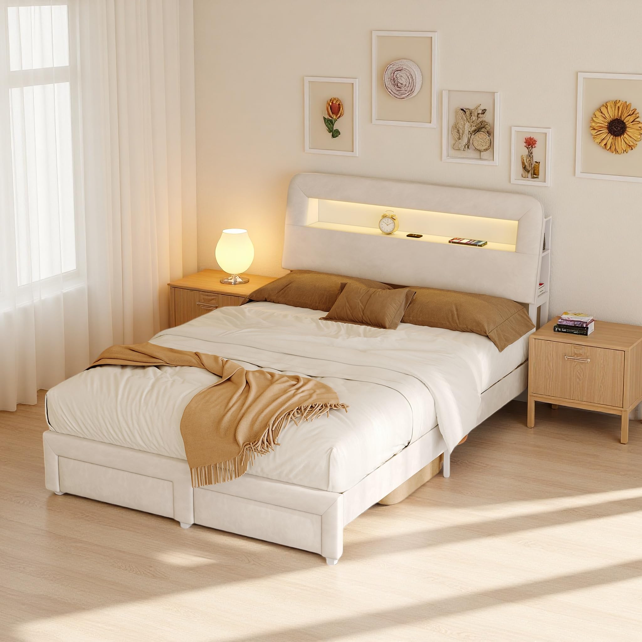 Letto imbottito 160x200 cm con 2 Cassetti, Letto matrimoniale a LED, letto contenitore una piazza e mezza, Funzionale con testiera, Struttura letto con rete a doghe, in Velluto