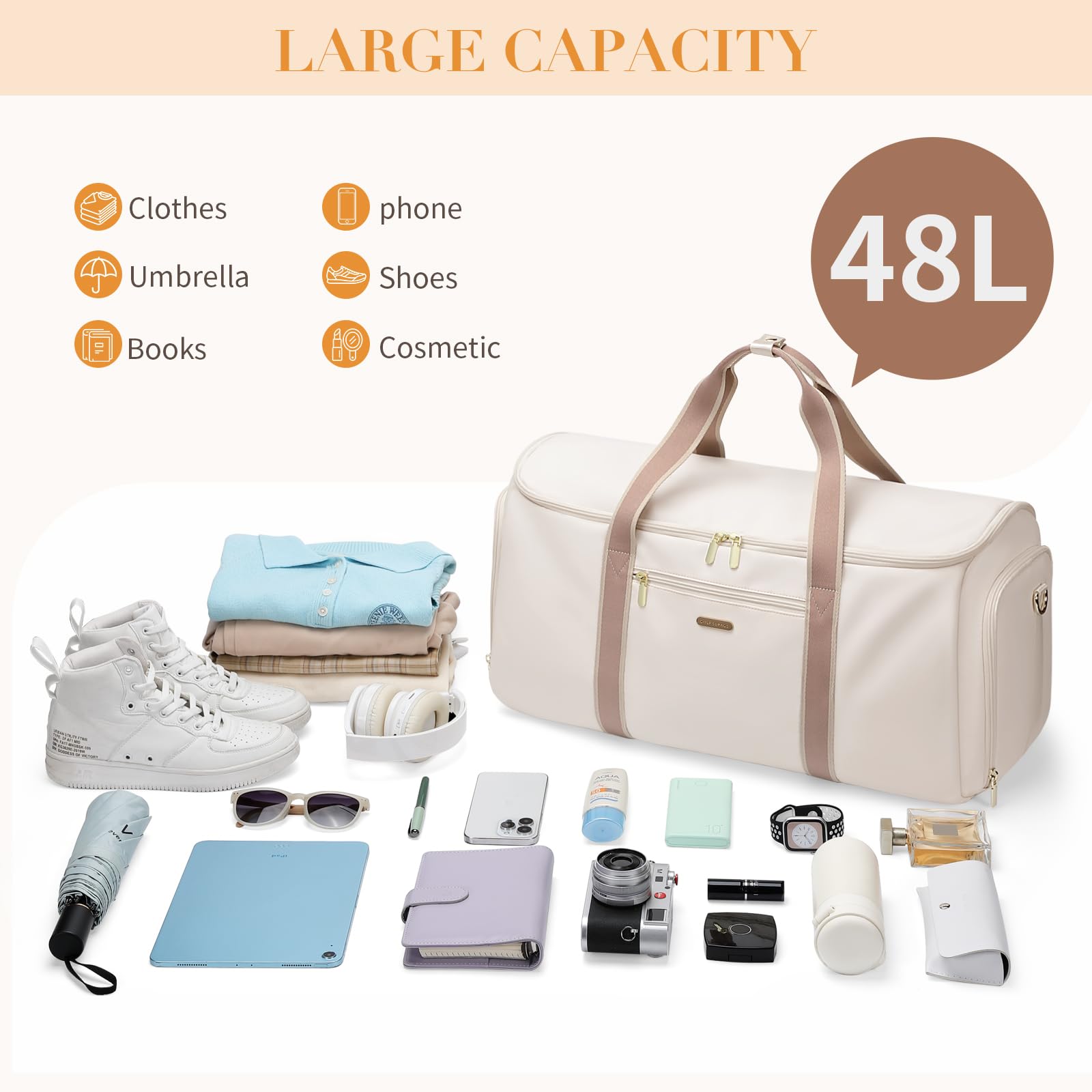 Sac de Voyage Convertible 2 en 1 Sac à Main pour Femme Pliable Blanc Cassé