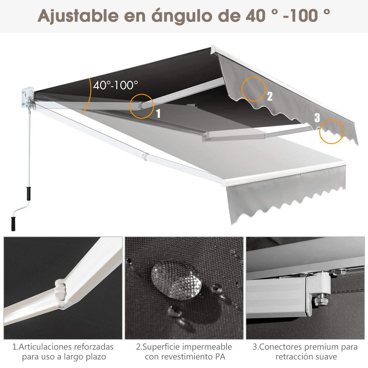 COSTWAY Toldo Manual Retráctil Plegable, Toldo para Ventana de Metal y Poliéster, Multifuncional Toldos Exterior con Manivela de Metal,Impermeable para Balcón y Veranda (2,45 x 2 m, Gris)