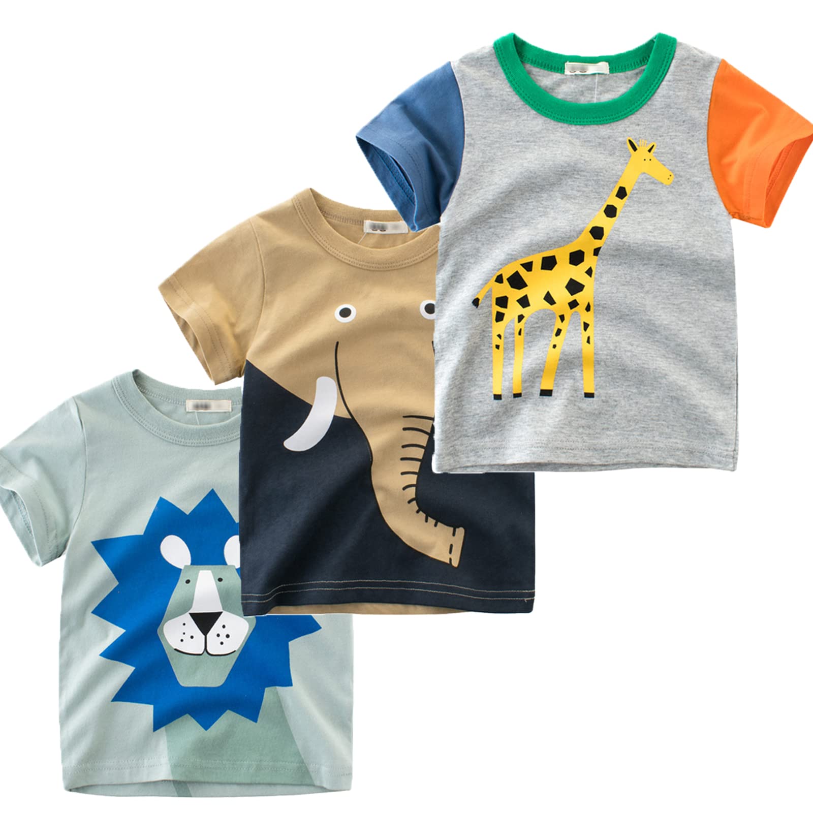 NATUST 3er Pack Jungen T-Shirt Kleinkind Kurzarm Baumwolle Dinosaurier Fahrzeug Sommer Tops