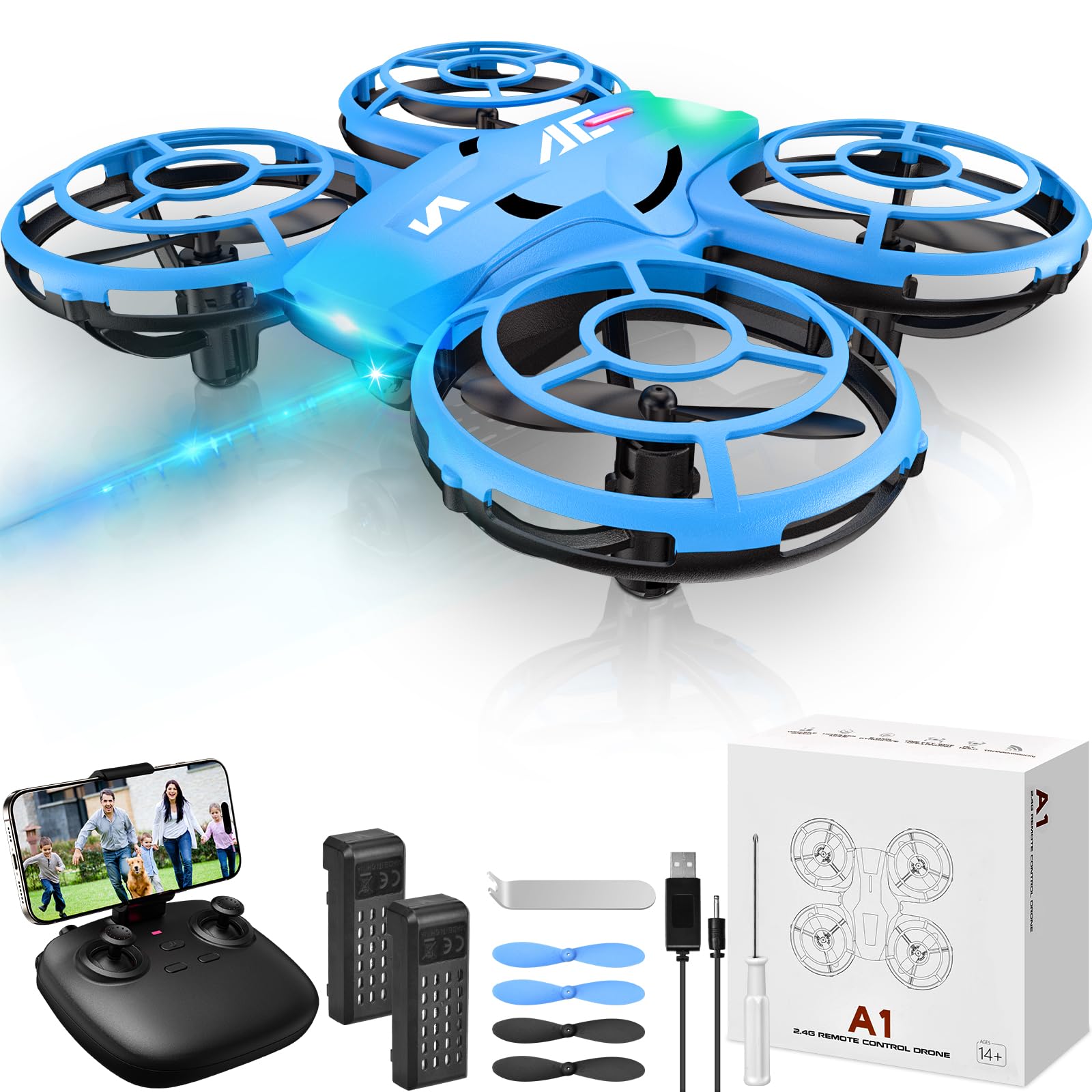 Fileeyn Mini Drone per Bambini, con Fotocamera HD 1080p, Controllabile tramite App Quadricottero RC con Luci a LED, Protezione dell'Elica con Flip 3D, Regalo Giocattolo per Bambini e Principianti