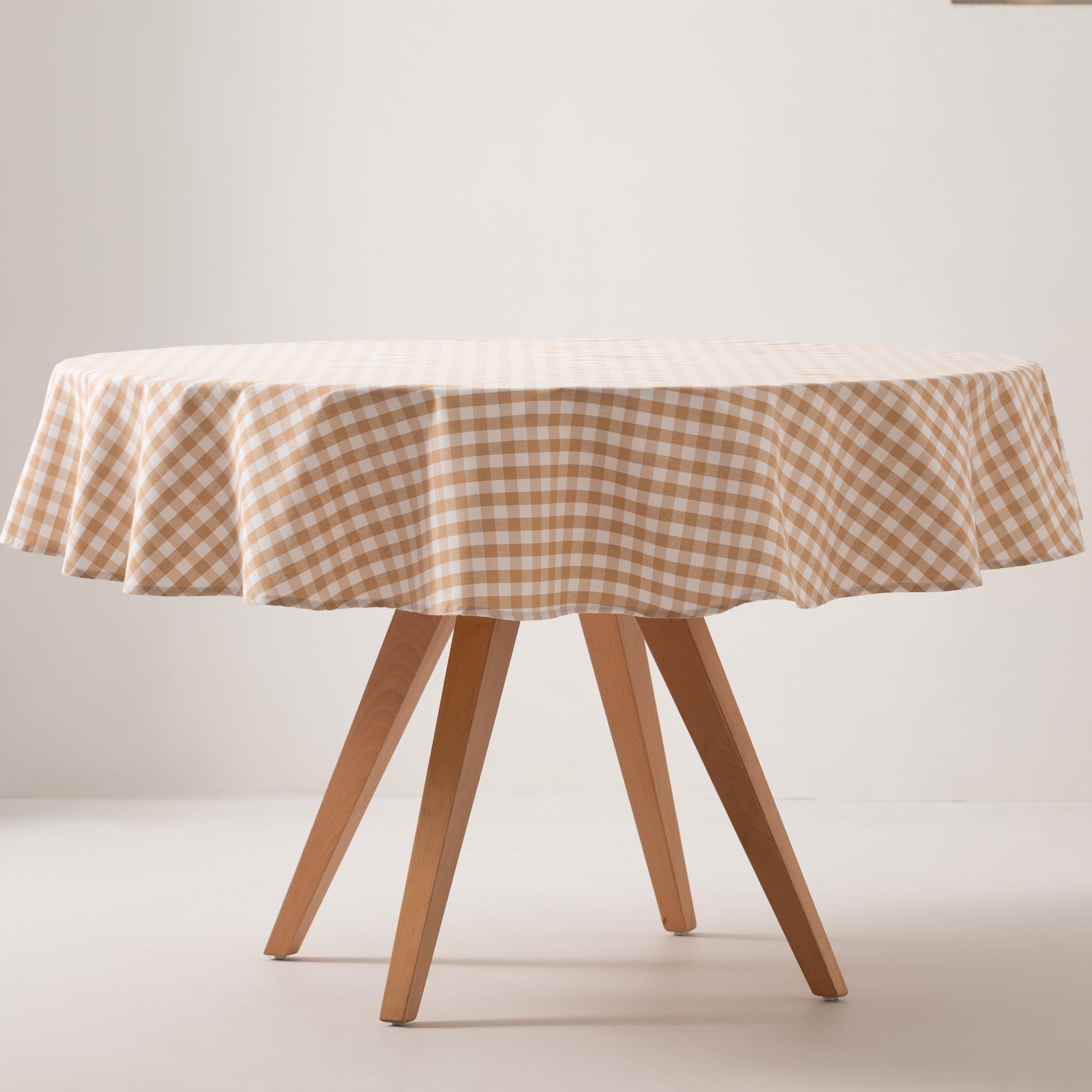 Gamusi Cream Stain-Resistant Tablecloth Round Vichy Chequered Cotton Fabric Feel 160 X 160 Cm Beige