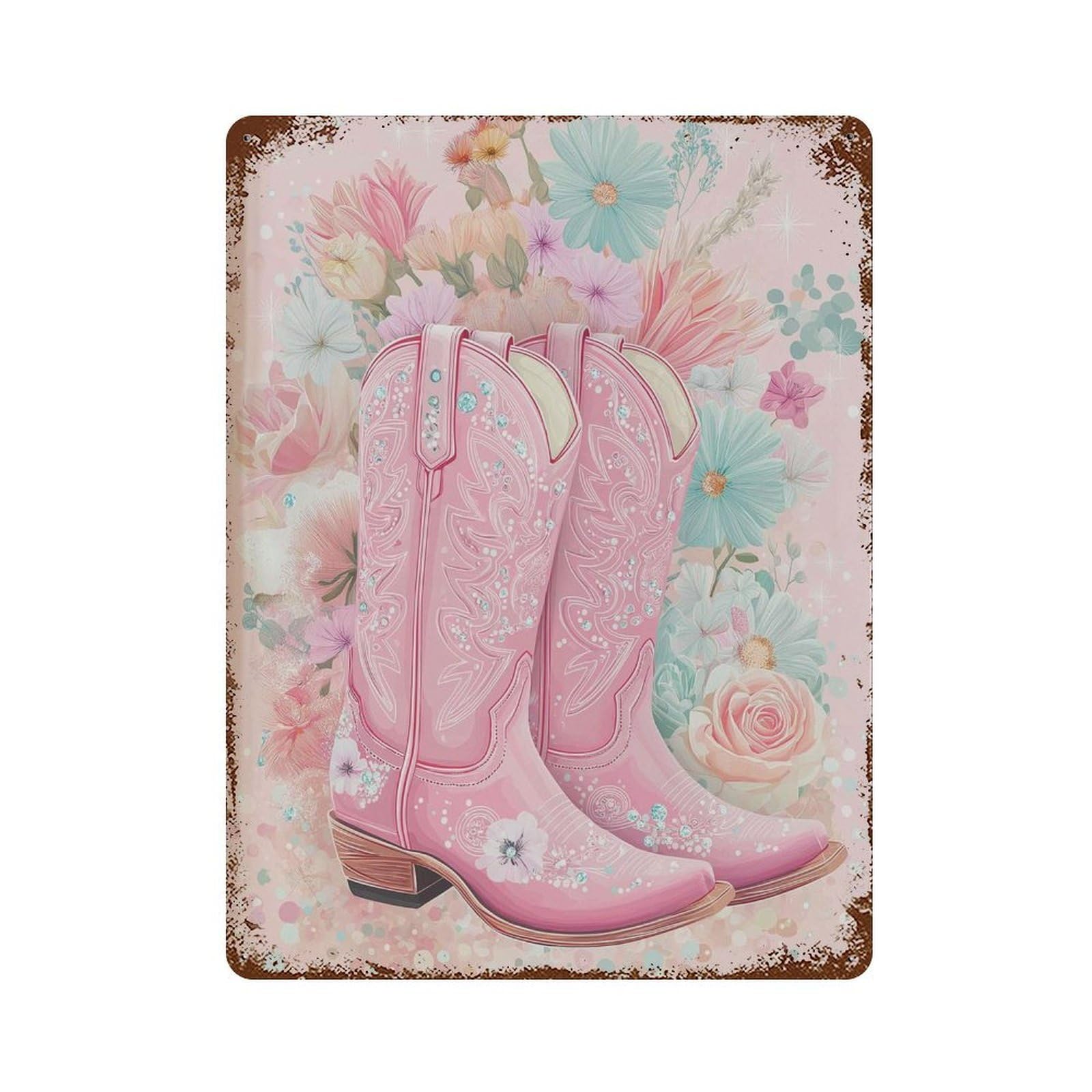 xiaoxiaoshen Pink Cowgirl Boots – Western Floral Pastel Country Girl Boho Aesthetic Rodeo Gla Wall Decor Art Metal Tin Poster Modern Home Decor Art Home Bar Shop Decorations Vintage Sign 40x30cm