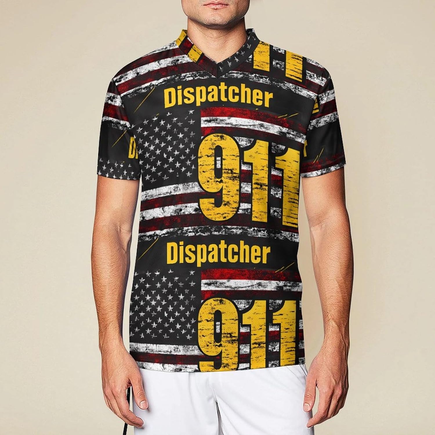 911 Dispatcher U.S. Flag Funny Football Jerseys Casual V-Neck Short Sleeve Soccer Jersey T-Shirt