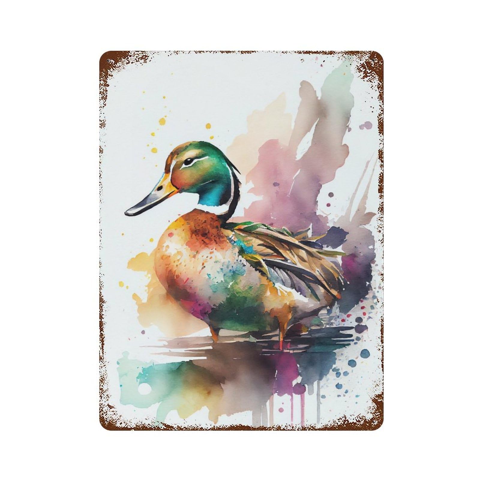 Duck Watercolors Vintage Wall Sign 15.7"x11.8", Rust Effect Metal Decor for Cafe, Home Bar And Lounge Decor
