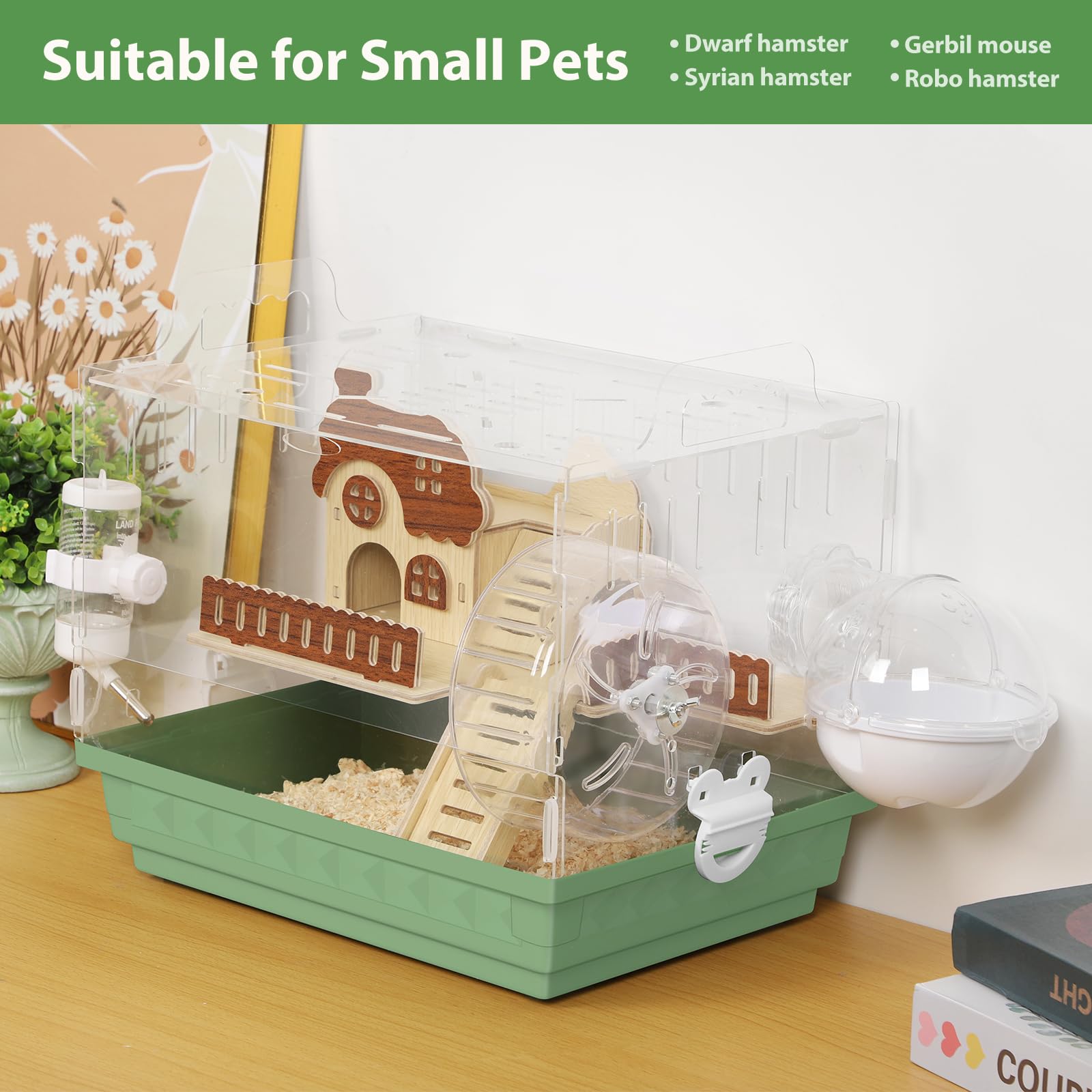 Acrylic Hamster Cage 2-Tier Dwarf Hamster Cage Small Hamster Habitats with Accessories Kit, Clear Gerbils Syrian Hamster Enclosure, Green Pet Mice House, 13.3" L x 10.2" W x 12.4" H - 5