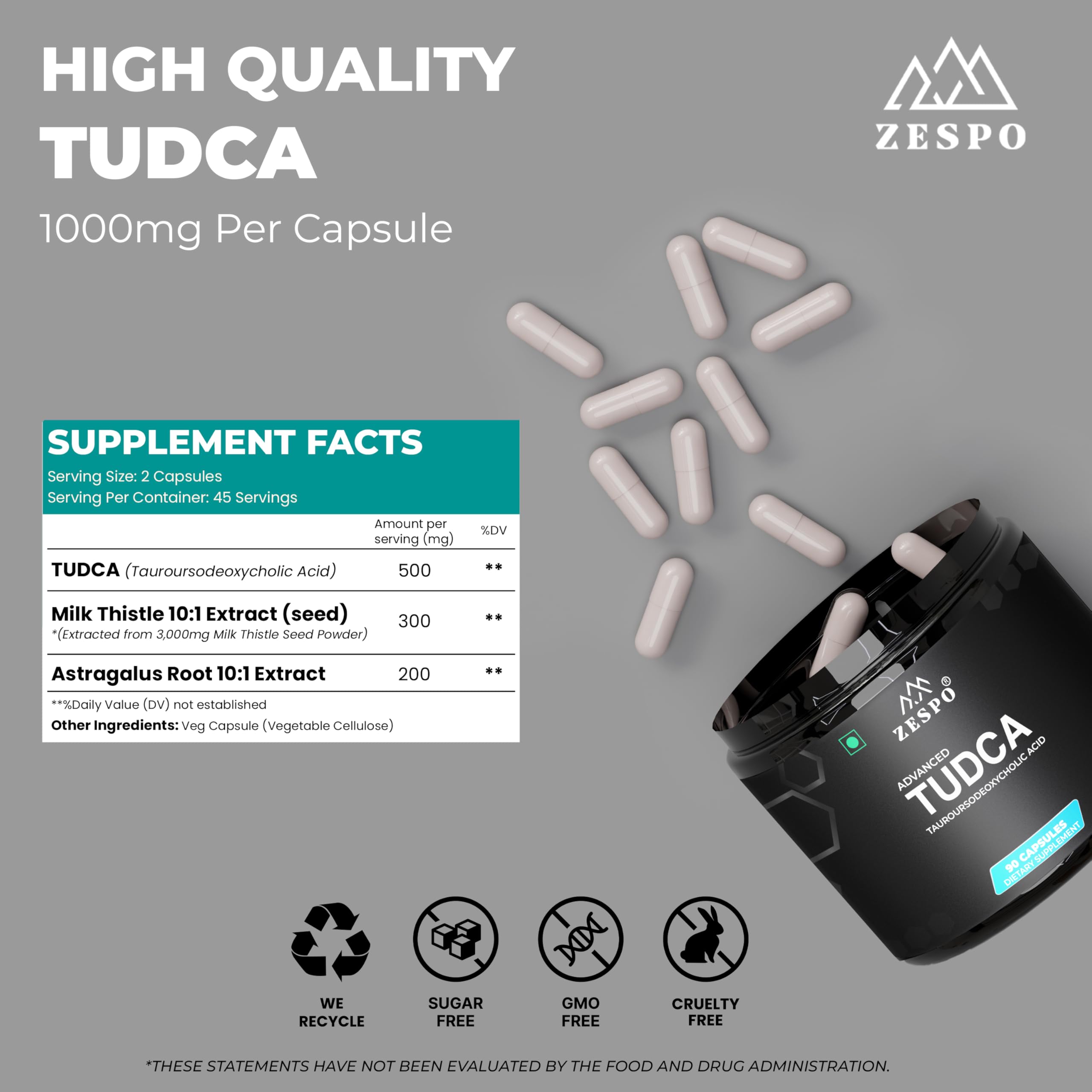Zespo TUDCA Advanced 1000 mg with Milk Thistle & Astragalus, 90 Capsules 3