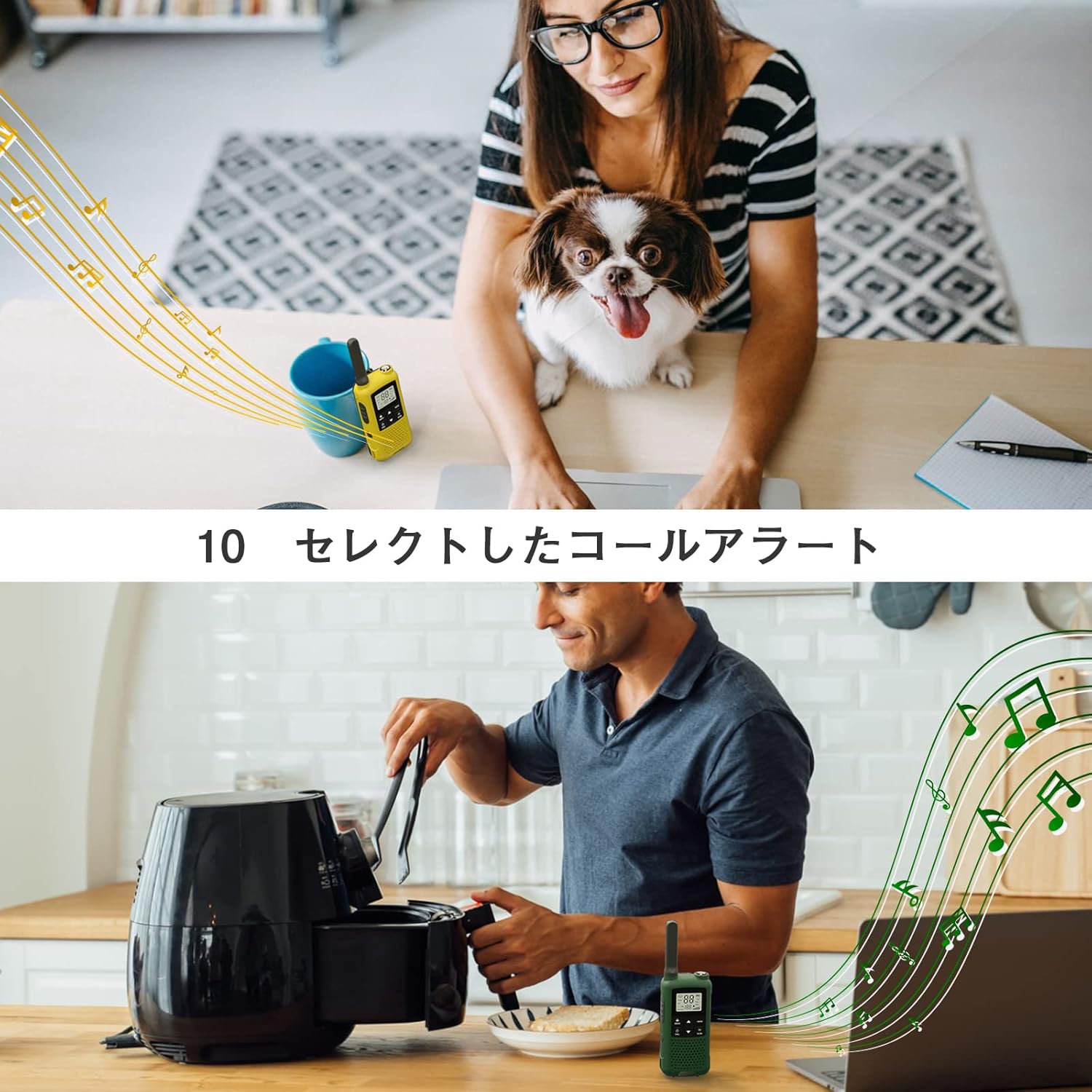 People using KENTEER T568 transceivers in various outdoor and indoor settings like camping, hiking, and shopping malls.