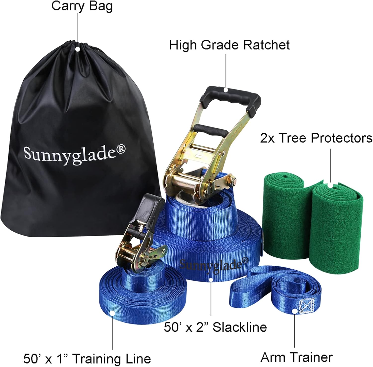 Sunnyglade 50ft Slackline Kit with Training Line, Tree Protectors, High Grade Ratchet, Arm Trainer and Carry Bag Complete Set for Kids and Adults