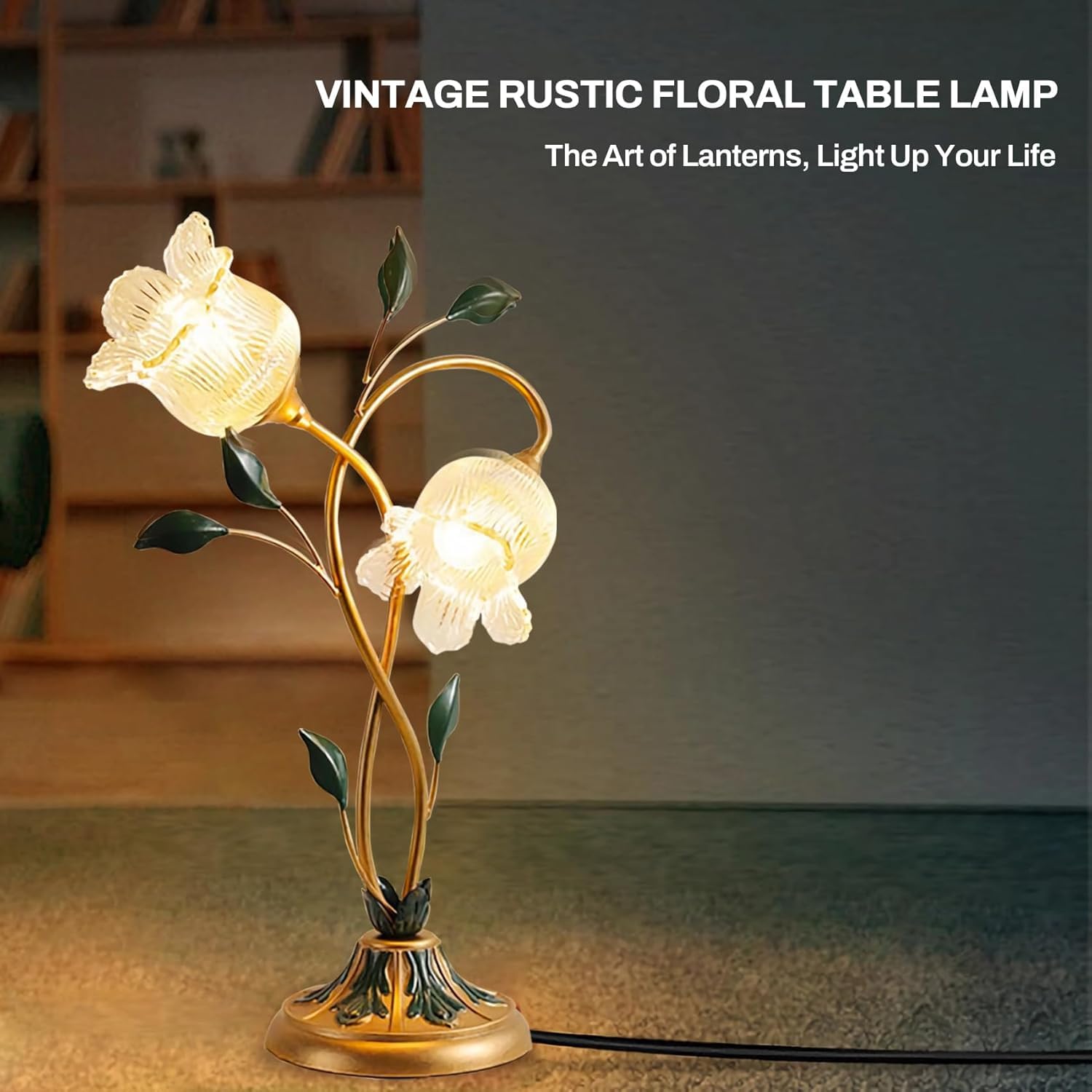 SANDYHA Gold Glass Flower Table Lamp Vintage 2-Light Floral Side  display picture 1