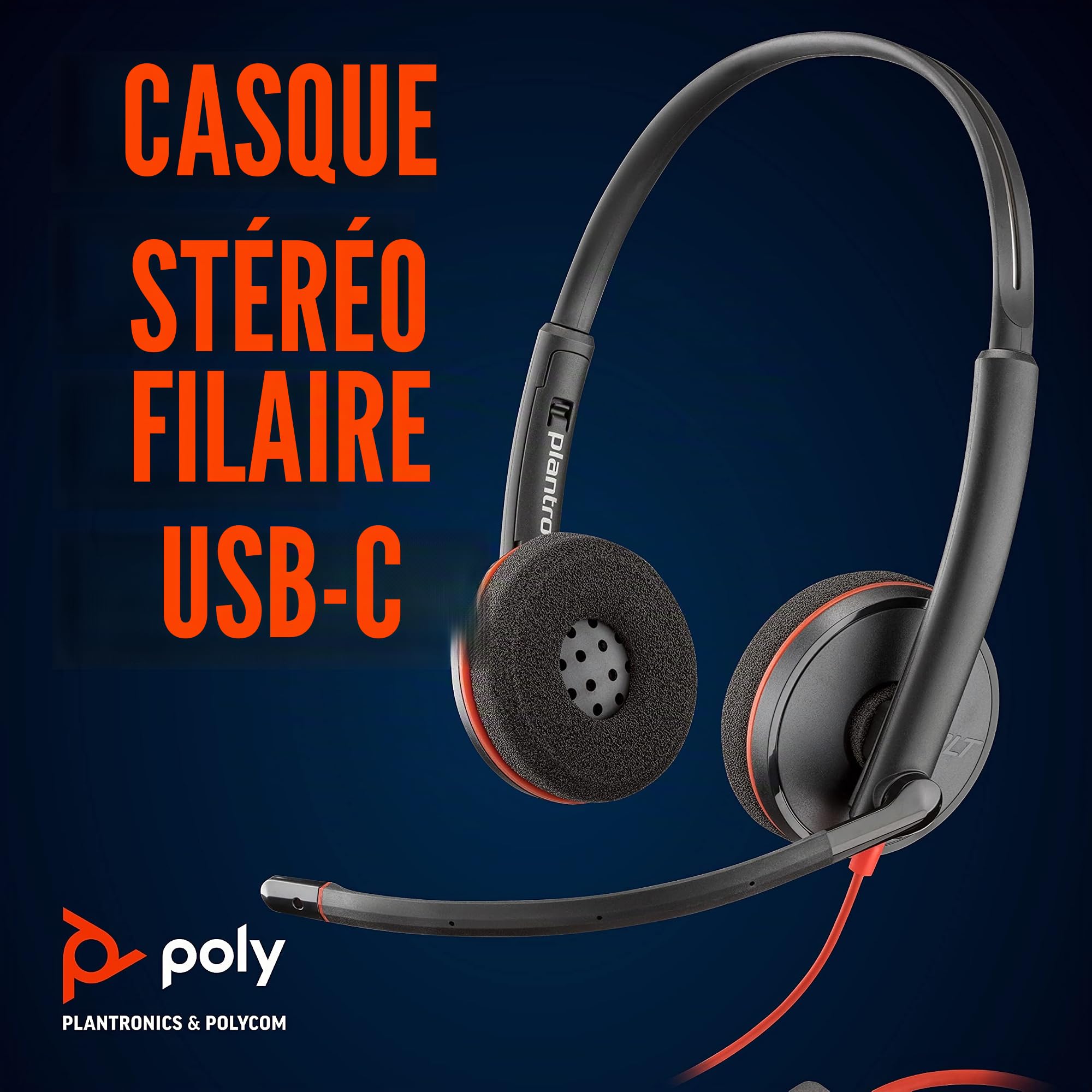 Plantronics - Blackwire 3220 - Casque d'écoute filaire à deux oreilles (stéréo) avec microphone Boom - USB-C pour connecter à votre PC ou Mac