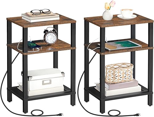 Miniatura 1 de HOOBRO Mesa auxiliar con estación de carga, juego de 2 mesas auxiliares con puertos USB y tomas, estantes de almacenamiento de 3 niveles, mesita de