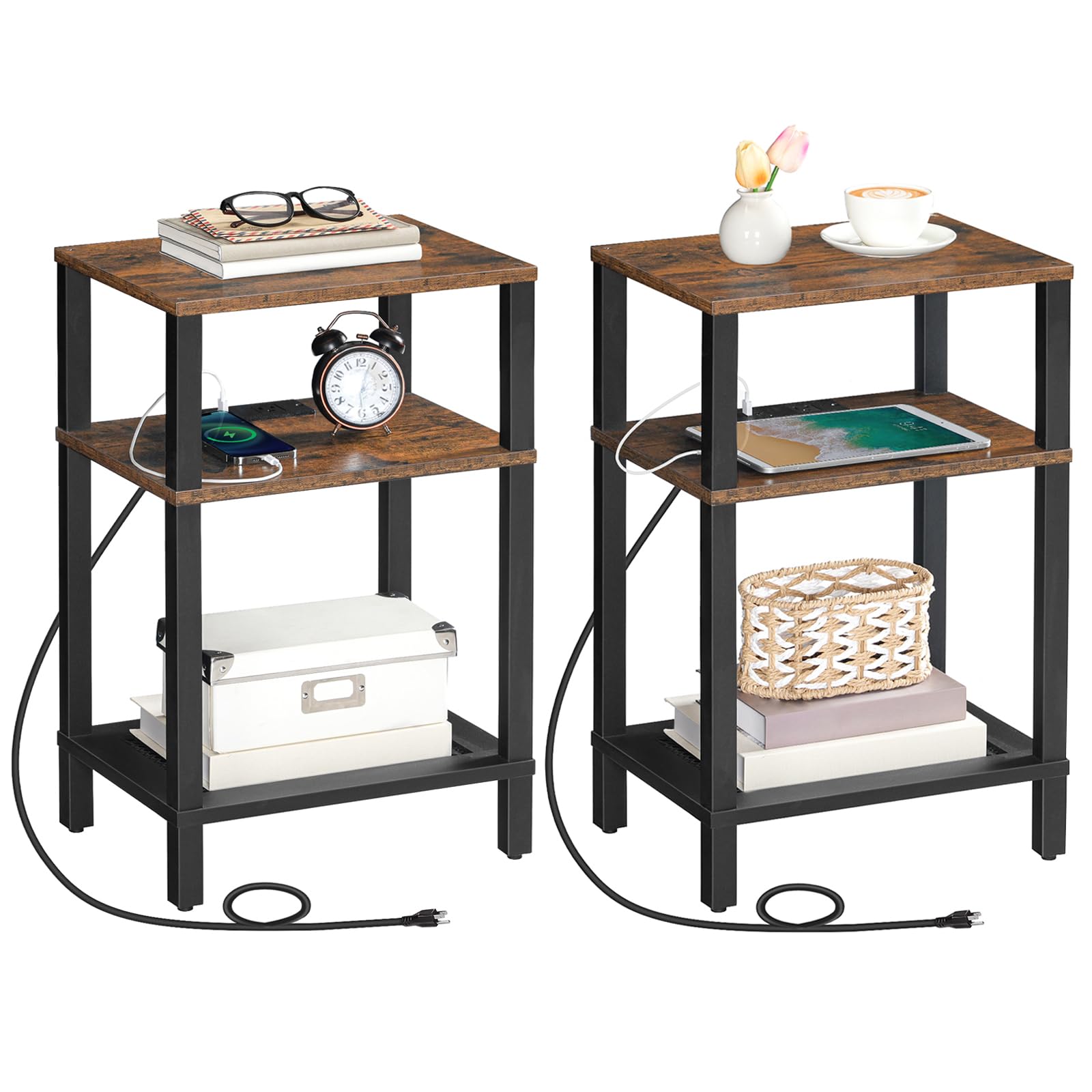 HOOBRO Side Table with Charging Station, Set of 2 End Tables with USB Ports and Outlets, 3-Tier Storage Shelves Nightstand, Sofa Table for Bedroom, Living Room, Rustic Brown and Black BF106UBZP201