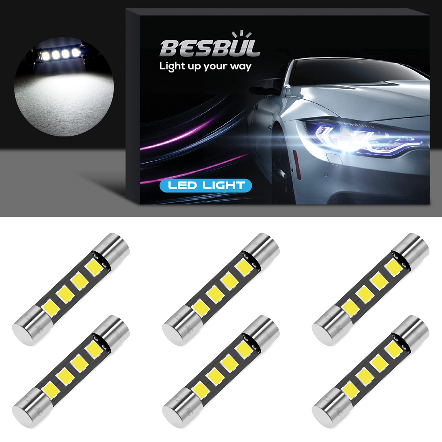 BESBUL 28mm 29mm 6614F LED Bulb 4SMD 2835 Chips Bright 6612 6641 Festoon Replacement for Vanity Mirror Light and Sun Visor Lights 6000K White, Pack of 6