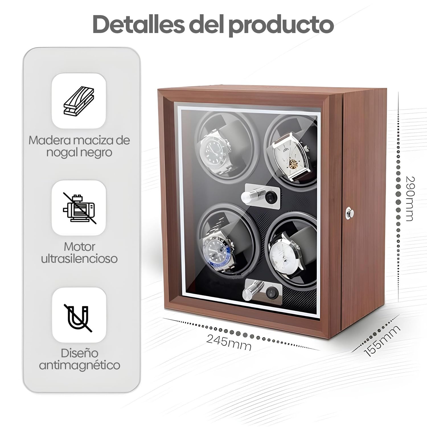 Olvy Caja de Reloj para 4 Relojes, iluminación LED, Caja de Madera, Motor Mabuchi Extremadamente silencioso, cojín Flexible para Relojes