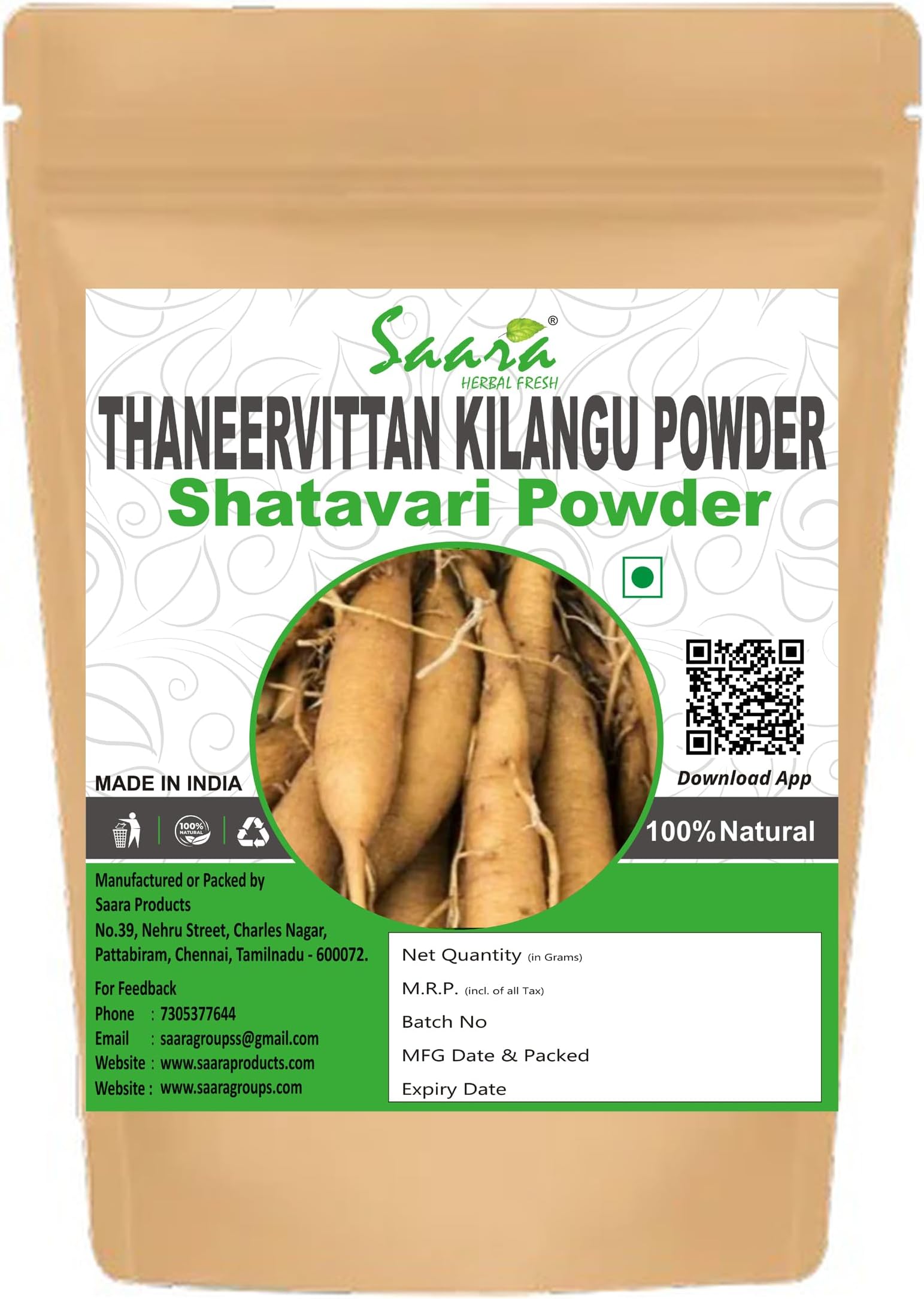 Saara HERBAL FRESH Thaneervittan Kizhangu Powder,100g, Shatavari Root, Abiruvu, Asparagus Racemosus, Challagadda, Satamuli,shatavari powder Helps to Boosts Immunity