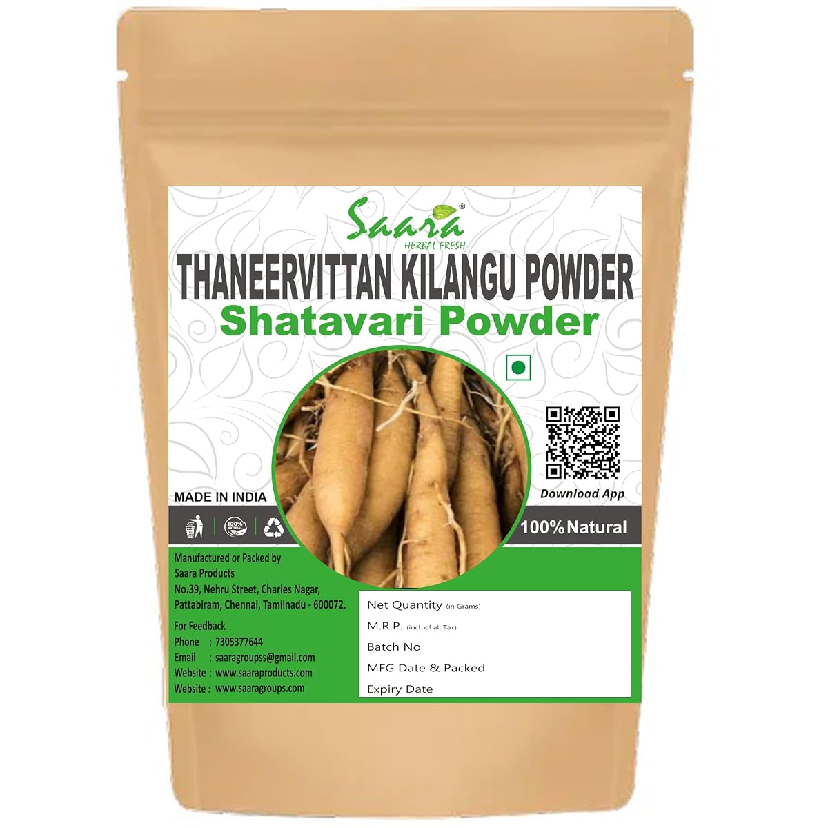 Saara HERBAL FRESH Shatavari Powder, 100g, Thaneervittan Kilangu Powder,