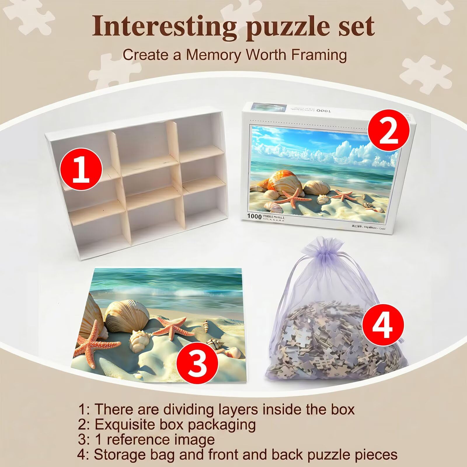 playa caparazón Puzzle de 1500 Piezas, Juego de Mesa Familiar de Madera - Rompecabezas Adultos para Toda La Familia, Rompecabezas Educativo DIY y Antiestrés - Con mapa de referencia, 87 x 57 cm f0-868