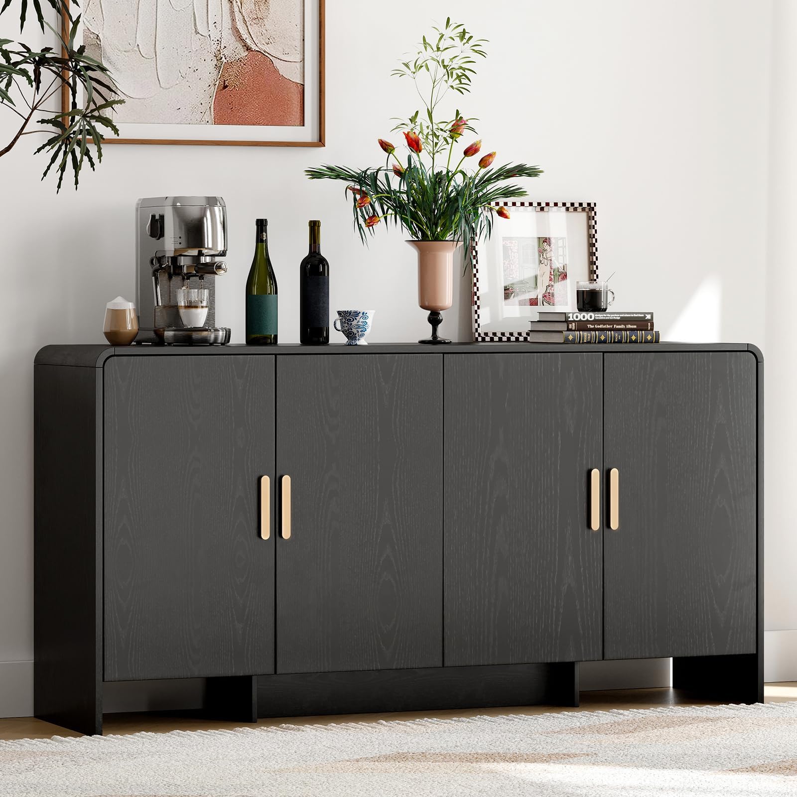 ONBRILL 60" Sideboard Buffet Cabinet with Storage, Curved Design Farmhouse Modern Coffee Bar Cabinet with 4 Doors & Adjustable Shelves for Living Room, Kitchen, Hallway, Black