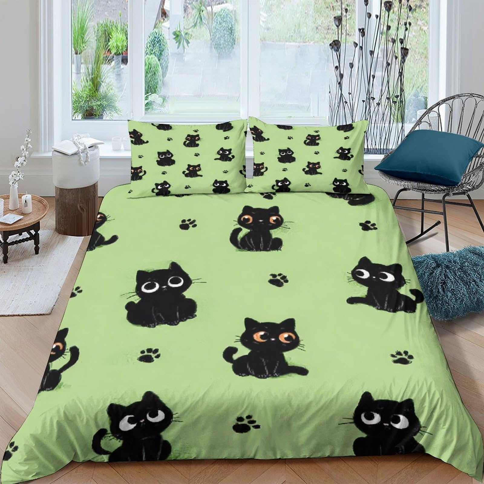 Ctjqhvkz Style-10 3D Printed Green Cute Black Cat Fitted Sheet Microfiber Soft Breathable Cartoon Paw Mattress Cover For Bedroom Dorm Decor Single（135X200cm）