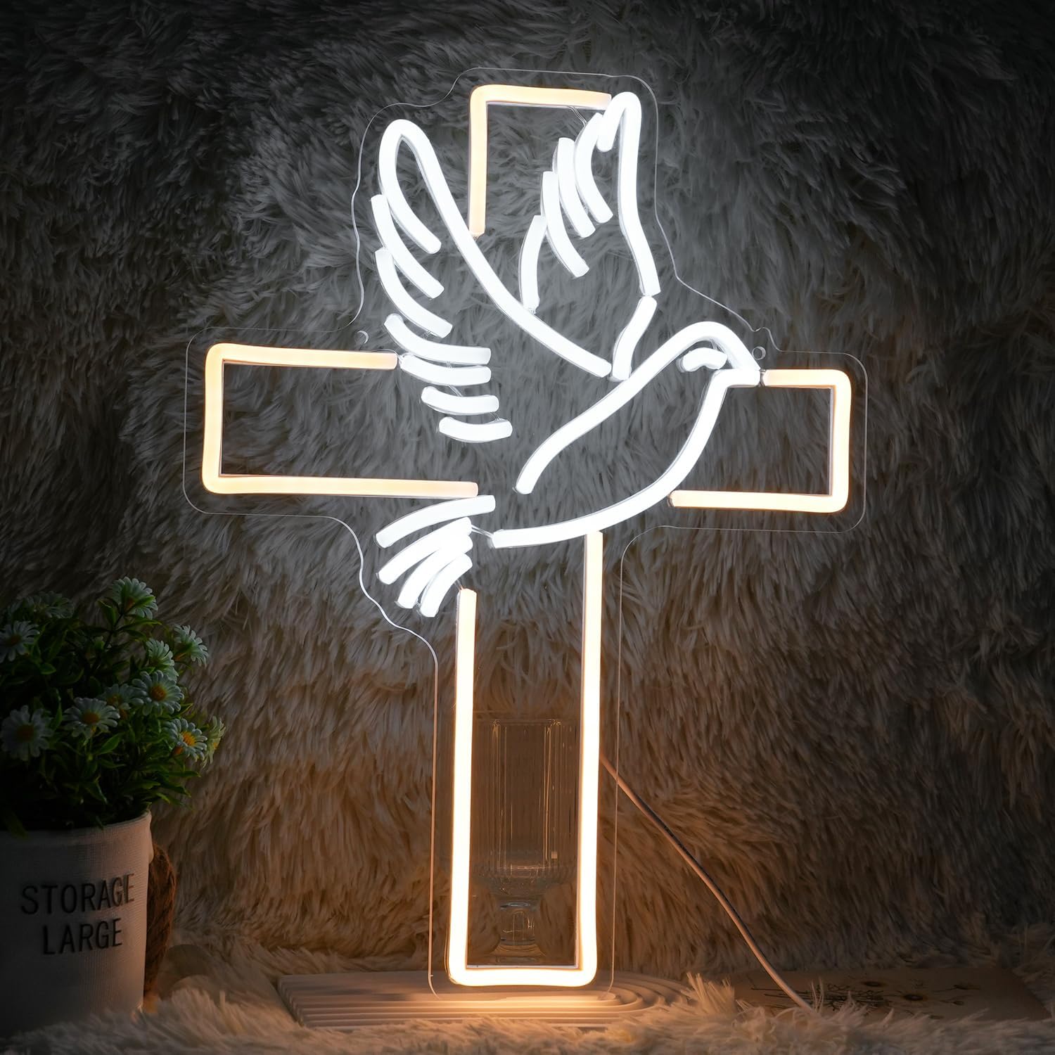 Cross Neon Sign Religious Wall Decor for Church Chapel Christian Home USB Powered Dimmable Peace Dove Cross Neon Light Gift for Baptism Confirmation Wedding — image 1
