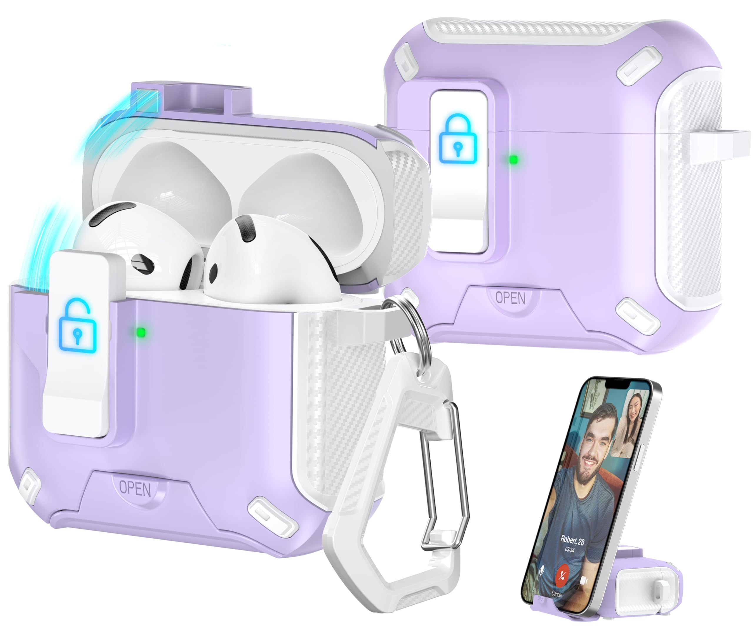 R-fun Compatible with AirPods 4th Generation 2024 Headphone Cases, Fully Drop Proof Auto Eject Protective Cover Design, New Charging Port Dust and Stand Design?White+Purple