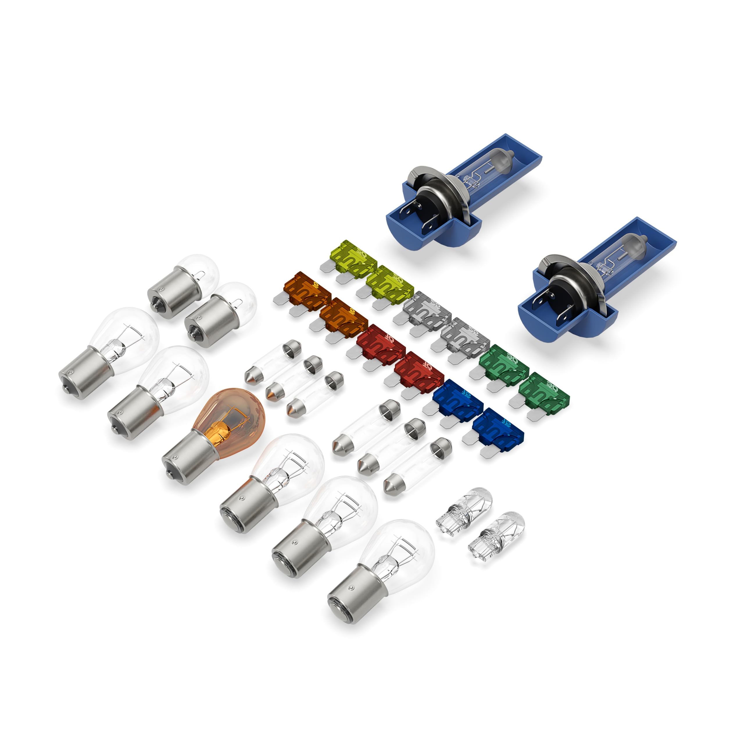Zestaw BLUETECH® H7 30-częściowy z bezpiecznikami samochodowymi, żarówki halogenowe, żarówki sygnalizacji, zestaw zapasowych żarówek do samochodu, żarówki do auta