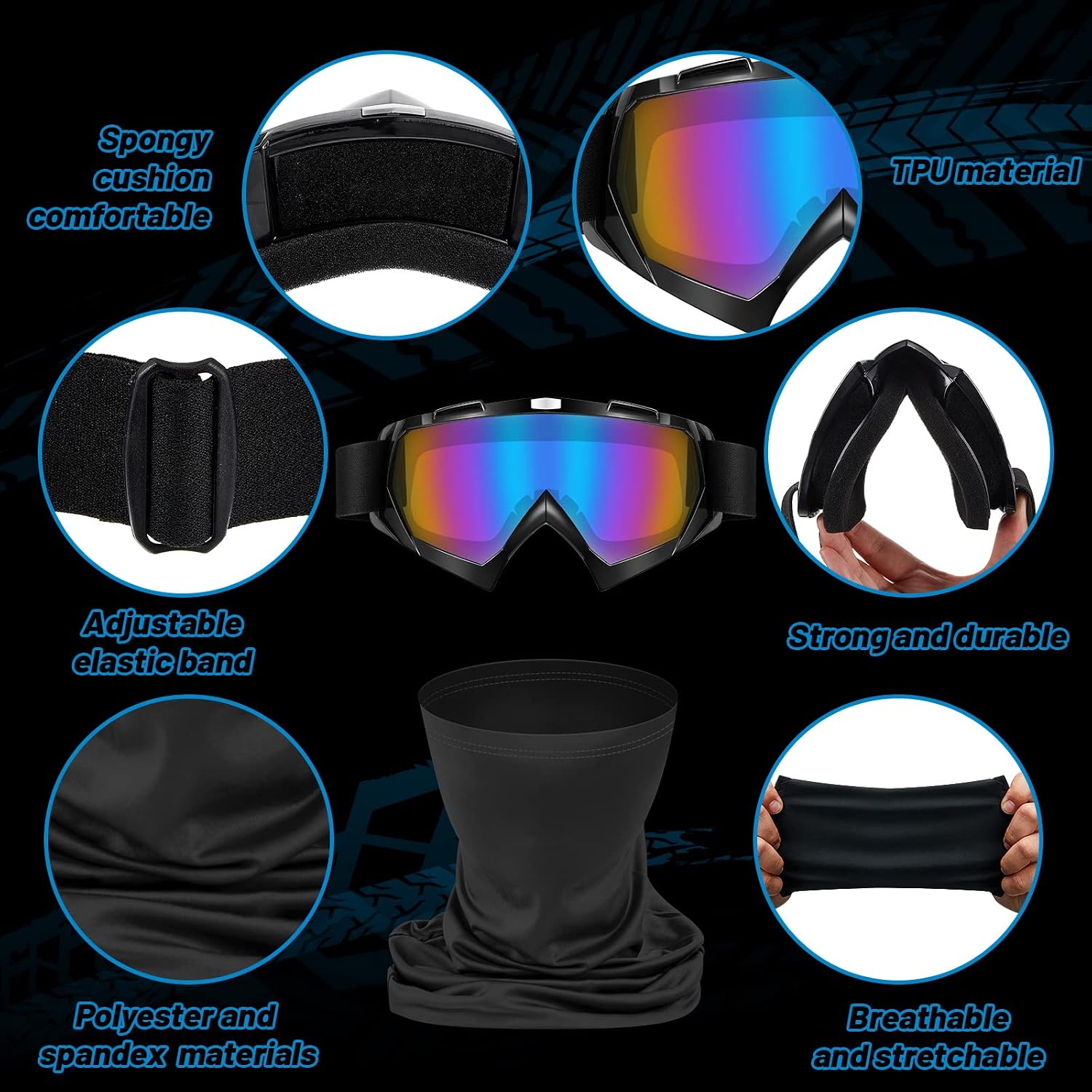 Tallew Motorcycle Dirt Bike Goggles for Men Women Windproof Adjustable ATV Goggles and Pcs Neck Breathable Face Cover