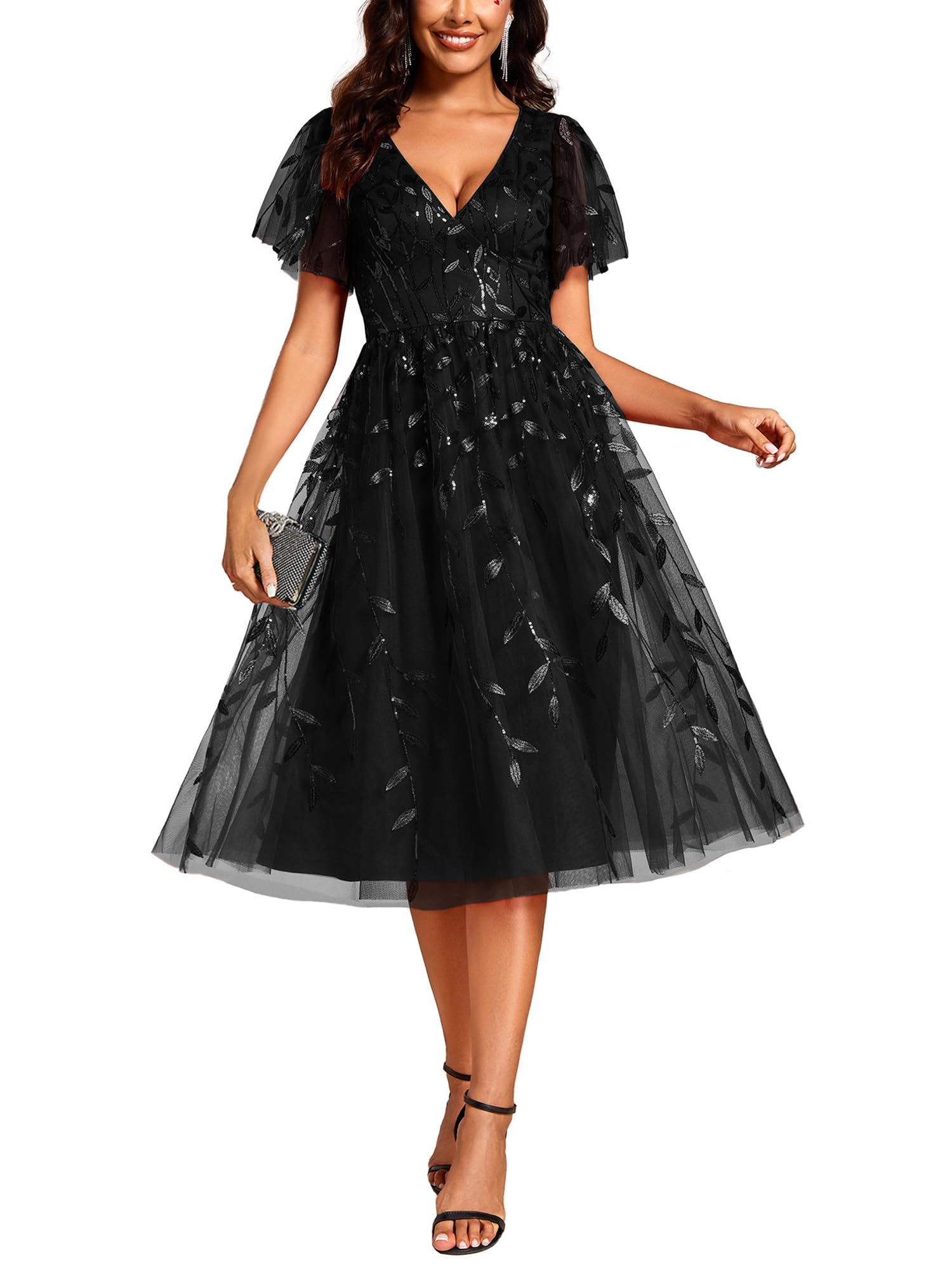Ever-Pretty Abiti Eleganti Cerimonia Donna Senza Schienale Paillettes Scollo a V Vita Impero Abiti da Sposa Donna EG02230