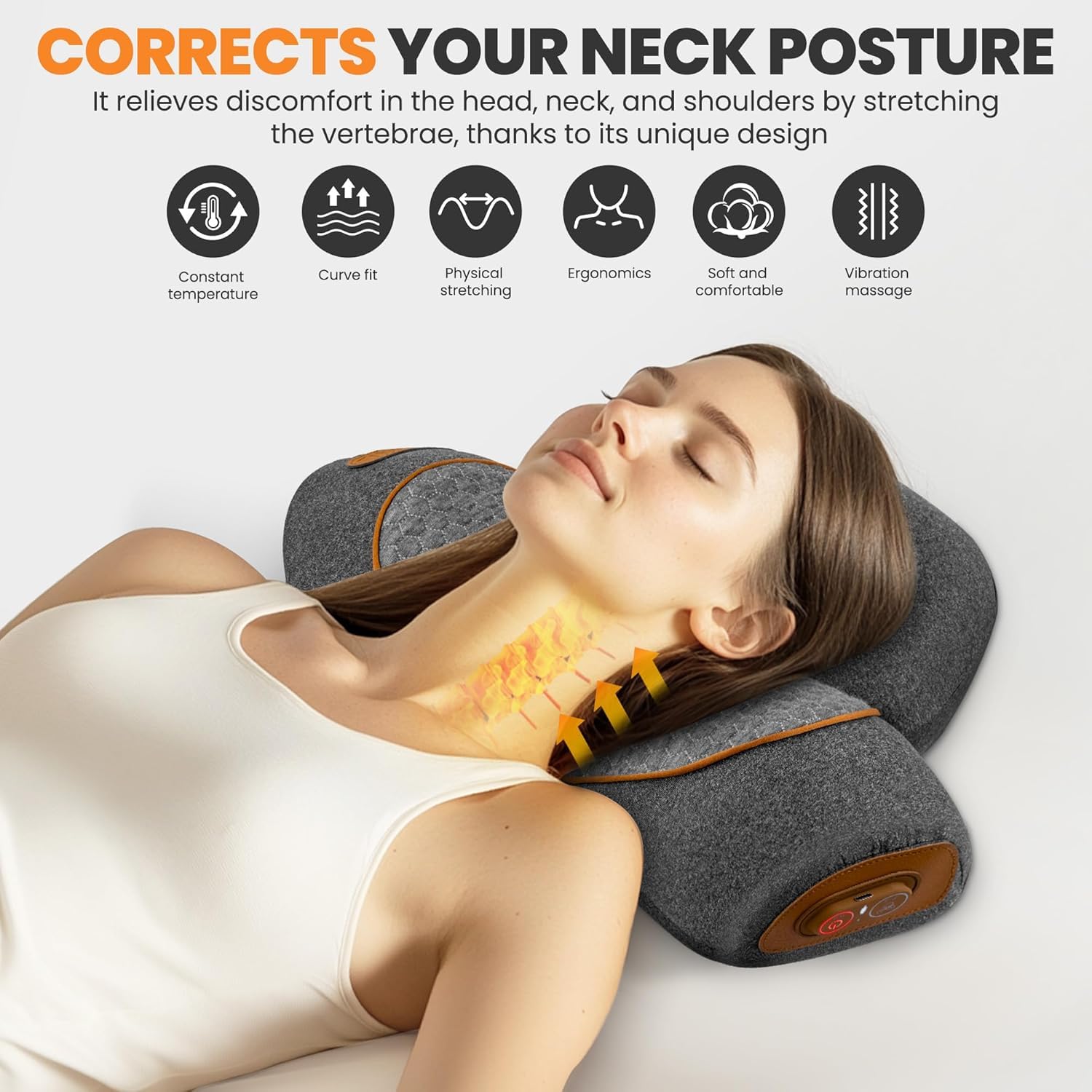 Fisiorest 3-in-1 Neck Massager Pillow, Neck Massager- Ergonomic Hump Neck Pillows with Traction, Heat & Vibration, Memory Foam Traction Cervical Pillows for Sleeping Deep Relaxation (Brown) — view 5