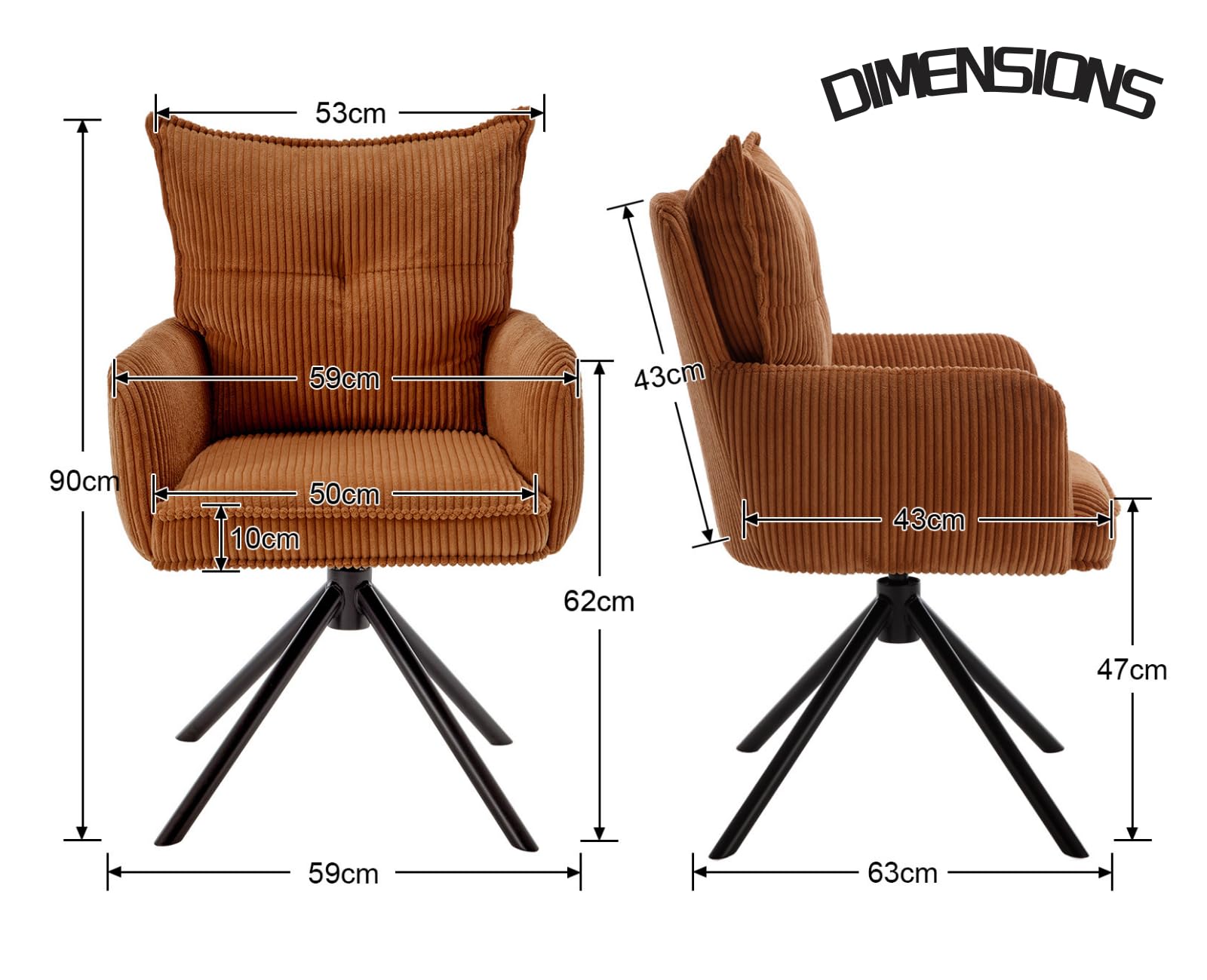 chairus Poltrona da Salotto Girevole Poltrona da Scrivania in Tessuto Poltroncina Imbottita Moderna con Gambe in Metallo Senza Rotelle Poltroncina per Camera da letto/Ufficio, Marrone