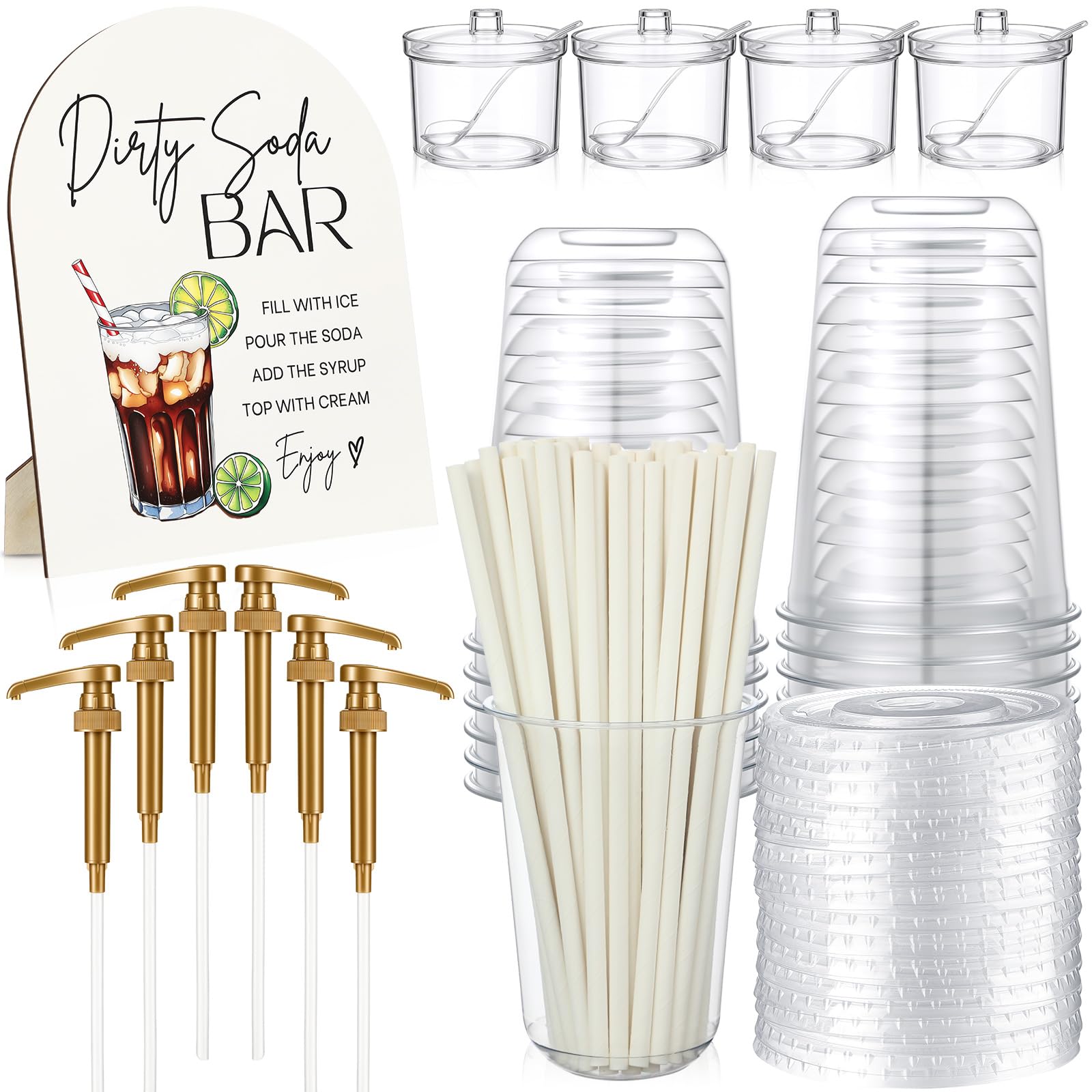 Photo 1 of Hushee 111 Pcs Dirty Soda Bar Supplies Party Decoration Include 1 Wooden Soda Bar Sign, 4 Sugar Jars, 6 Syrup Pumps, 50 Sets 16oz Plastic Cups with Lids and 50 Straws for Wedding Birthday Party