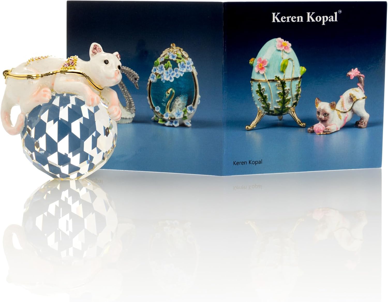 Keren Kopal White Cat on Crystal Trinket Box Decorated with Crystals Handcrafted