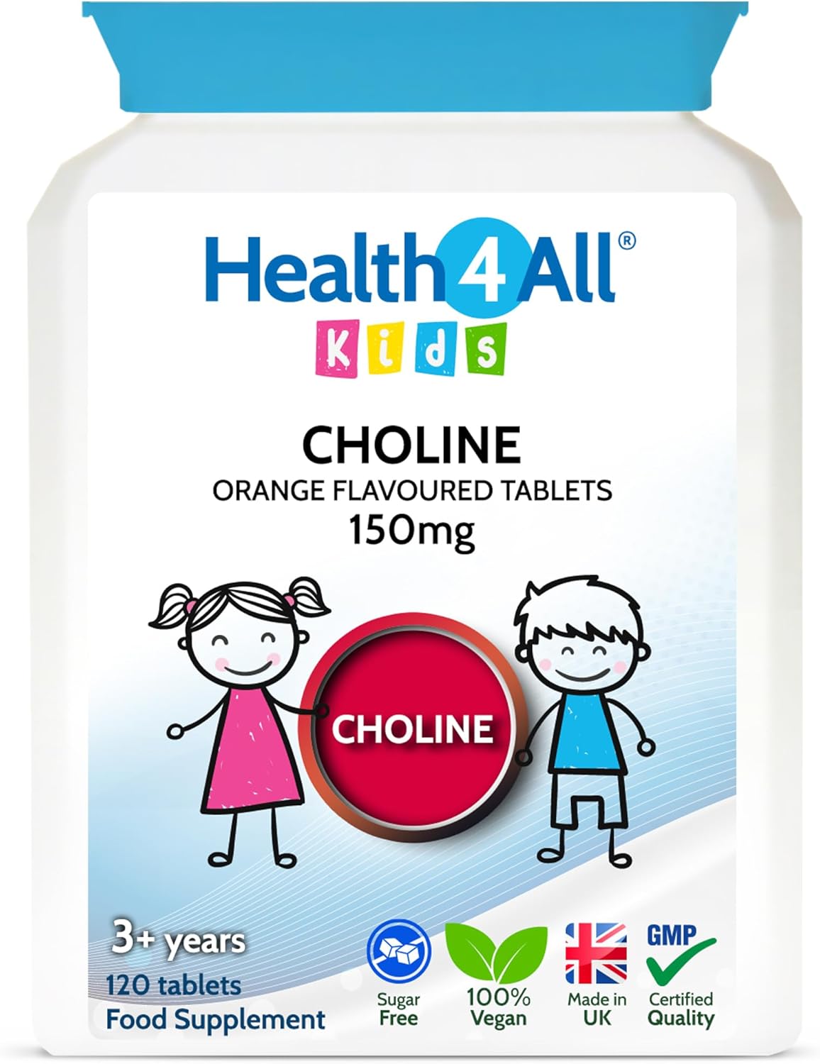 Health4All Kids Choline 150mg 120 Chewable Tablets for Children 3+, Supports Memory, Learning and Mood, Natural Vegan Orange Flavour, Sugar-Free | Made in UK (Not Gummies)