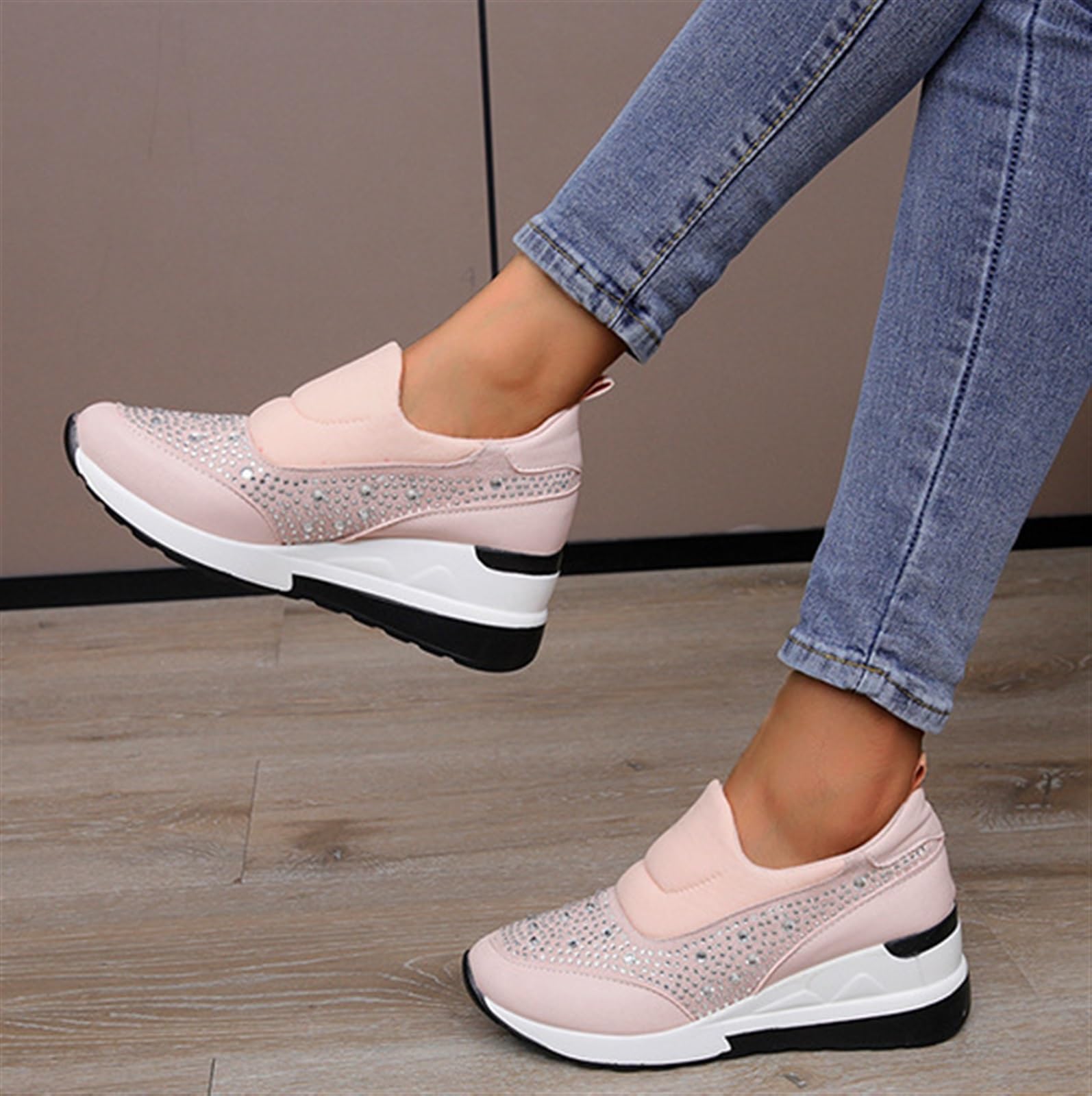 Donna Strass Zeppa Scarpe da Ginnastica Altezza Nascosta Aumento di Altezza Top Alto Punta Tonda Scarpe Sportive in Pelle Allacciate da Matrimonio Escursioni Outdoor Scarpe da Ginnastica