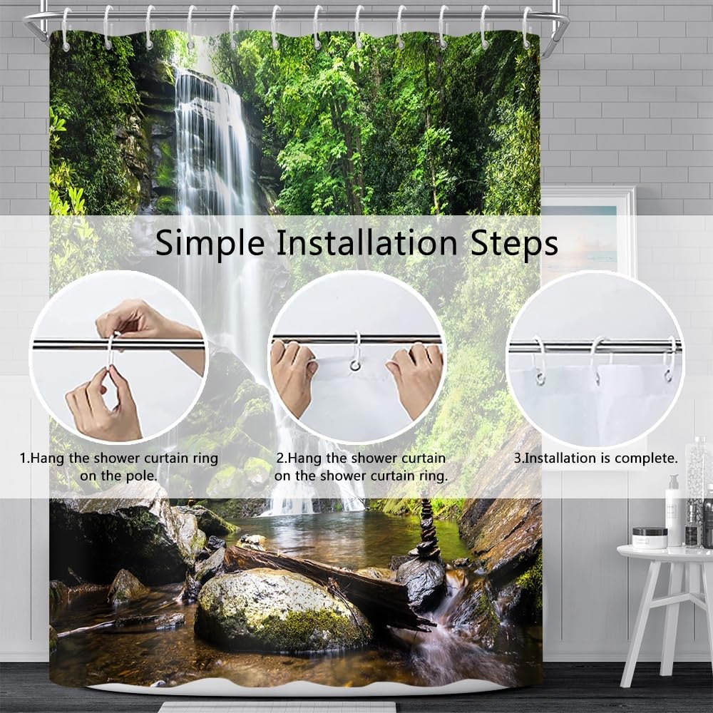 Tenda da doccia natura Primavera Cascata Tenda da bagno Giungla tropicale verde foresta paesaggio muschio pietra fiume lavabile tenda da doccia Decorazione bagno impermeabile 180x240cm