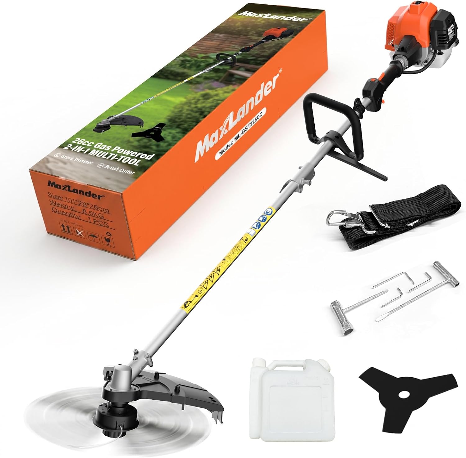 MAXLANDER 26cc Gas Weed Wacker, 2-in-1 Multi Tools, String Trimmer 17-Inch with 10-Inch Brush Cutter, Use 2 Cycle Air-Cooled Engine with Rubber Handle & Shoulder Strap Included, for Mowing Lawns