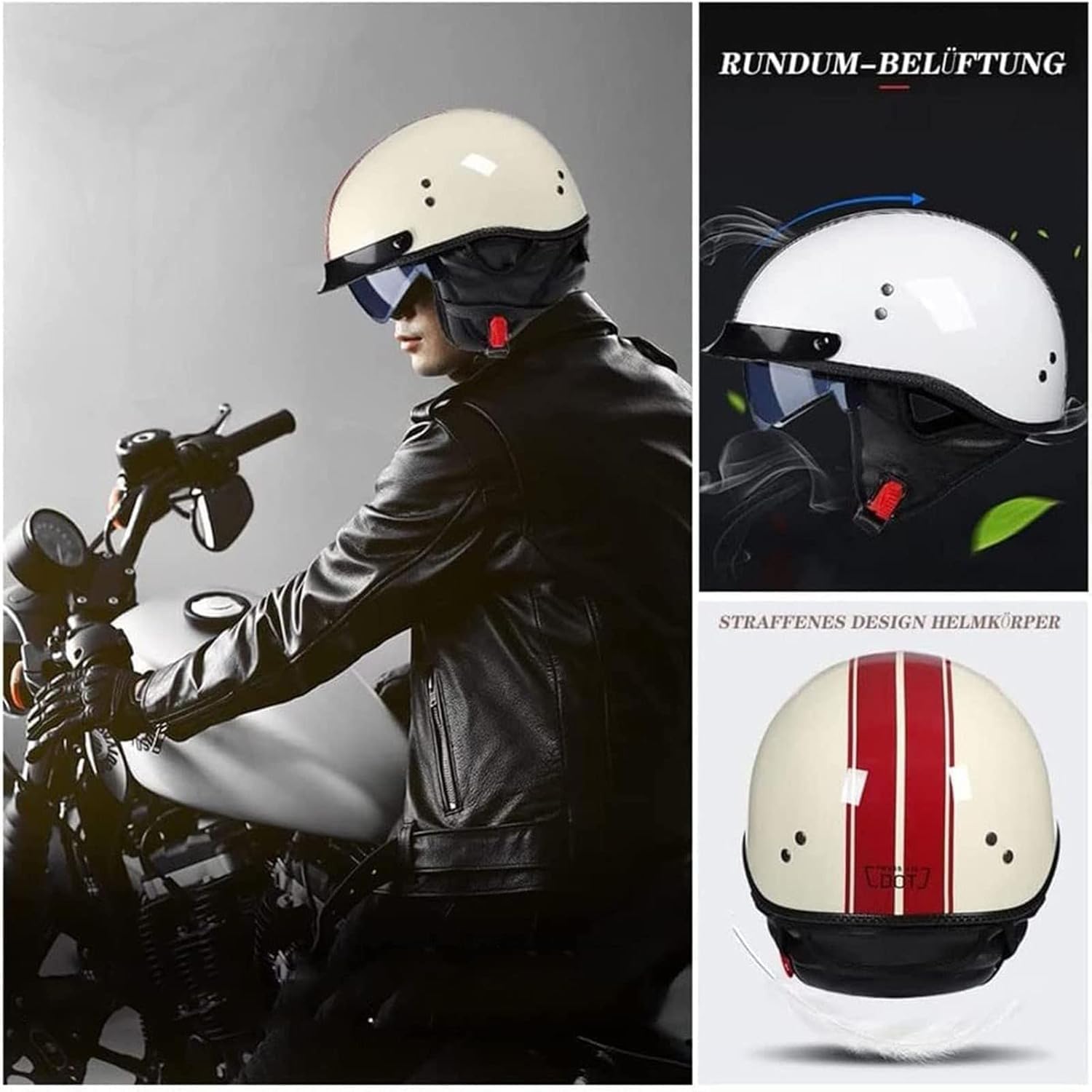 Halbschalenhelm Mit ECE Zulassungiber Brain-Cap Halbschale Jethelm Rollerhelm Scooter-Helm Retro Half Helm mit Built-in Visier für Cruiser Chopper Biker Moped DOT/ECE-Zulassung