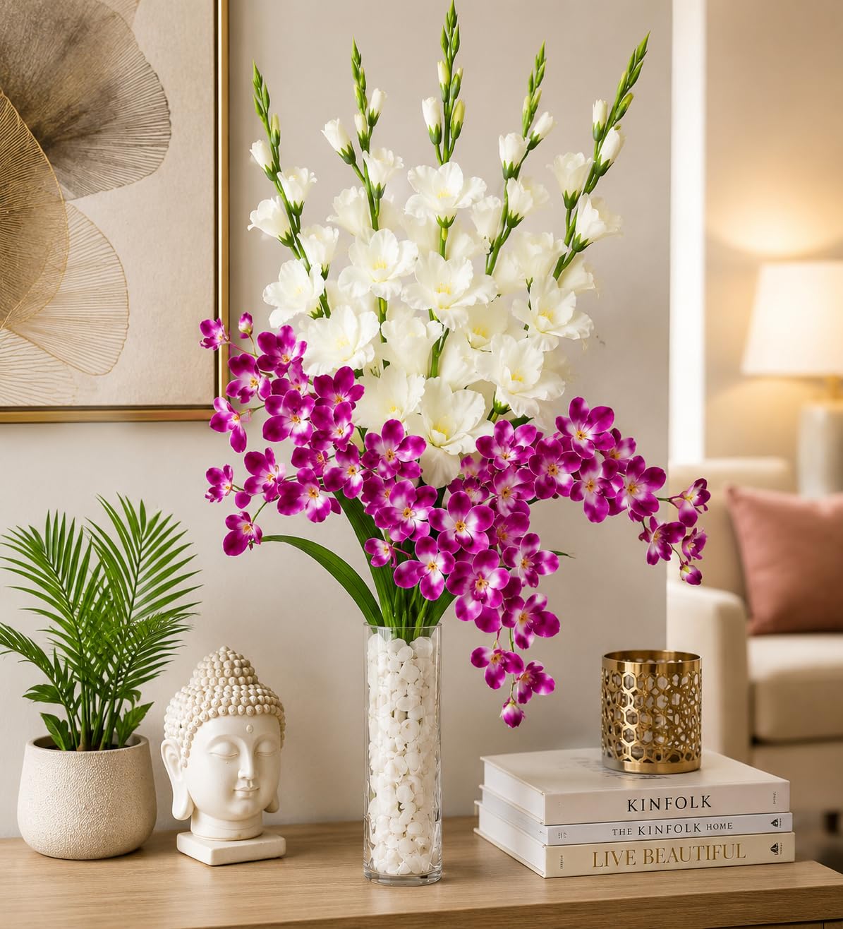 Artificial White Gladiolus & 5 Purple Orchid Flower Stems | Premium Silk Faux Flowers for Vase Decoration | Realistic Floral Bouquet for Home Decor | Pot Not Included-image-38