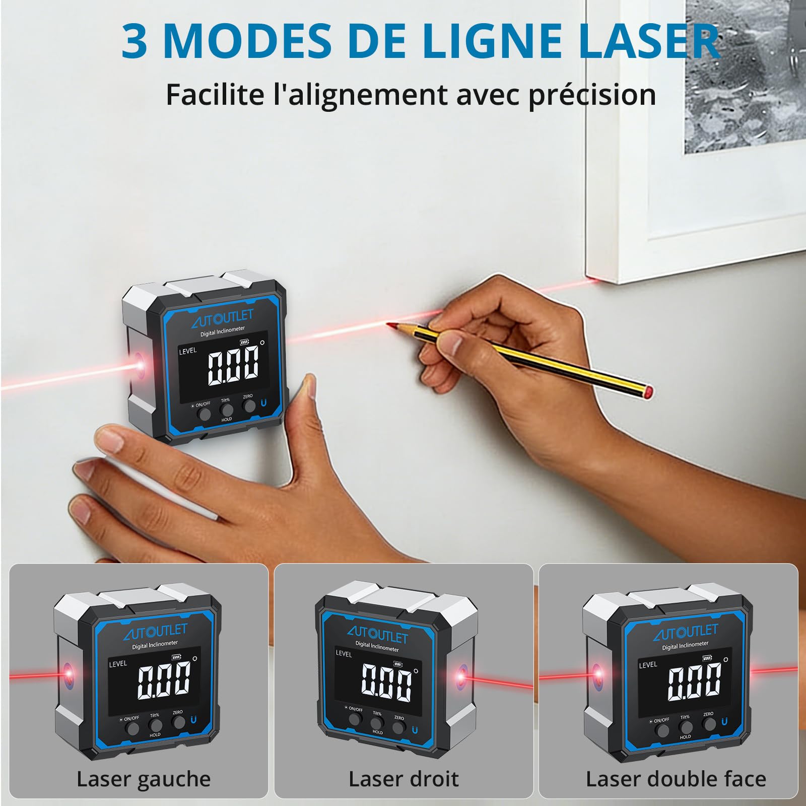 AUTOUTLET 4 * 90° Niveau à bulle numérique Laser linéaire des deux côtés Fixation magnétique sur les quatre côtés Rechargeable Pour Menuiserie Chantier Et Décoration